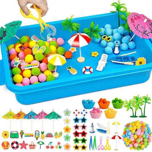 Cinrobiye 155 Pcs Summer Beach Sensory Bin Fillers Set with Storage Box, Hawaii Tropical Accessories, Beach Decor Summer Theme Materials for Picnic Sensory Bins, Outdoor Events, Home Projects