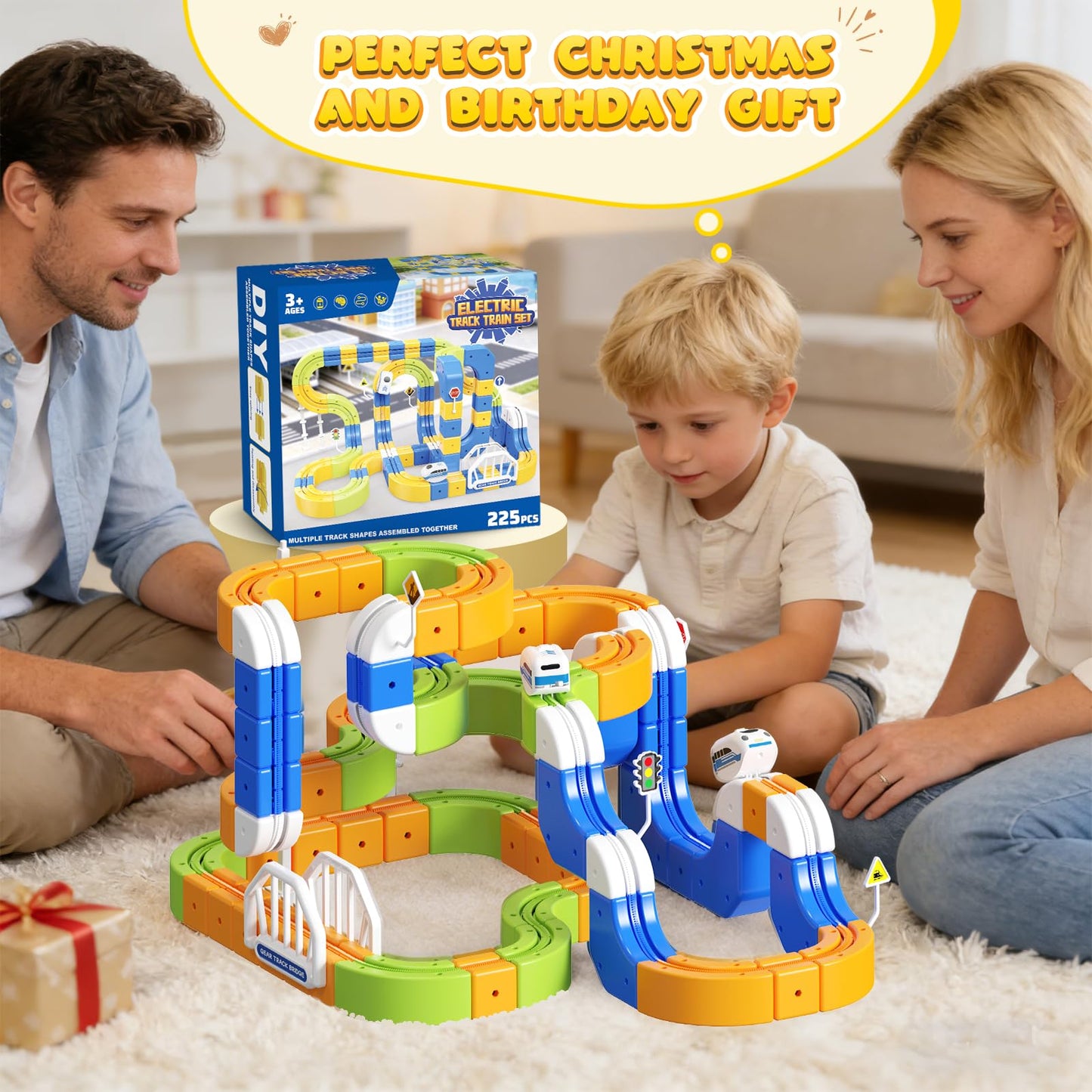 Fortand Electric Train Set for Kids 3 4 5 6 7 8, 225PCS(80 Track +2 Train) 3D Infinity Flexible Anti-Gravity Cube Trains Track STEM DIY Railroad Building Toy, Birthday Gifts for Boys & Girls Ages 3-8