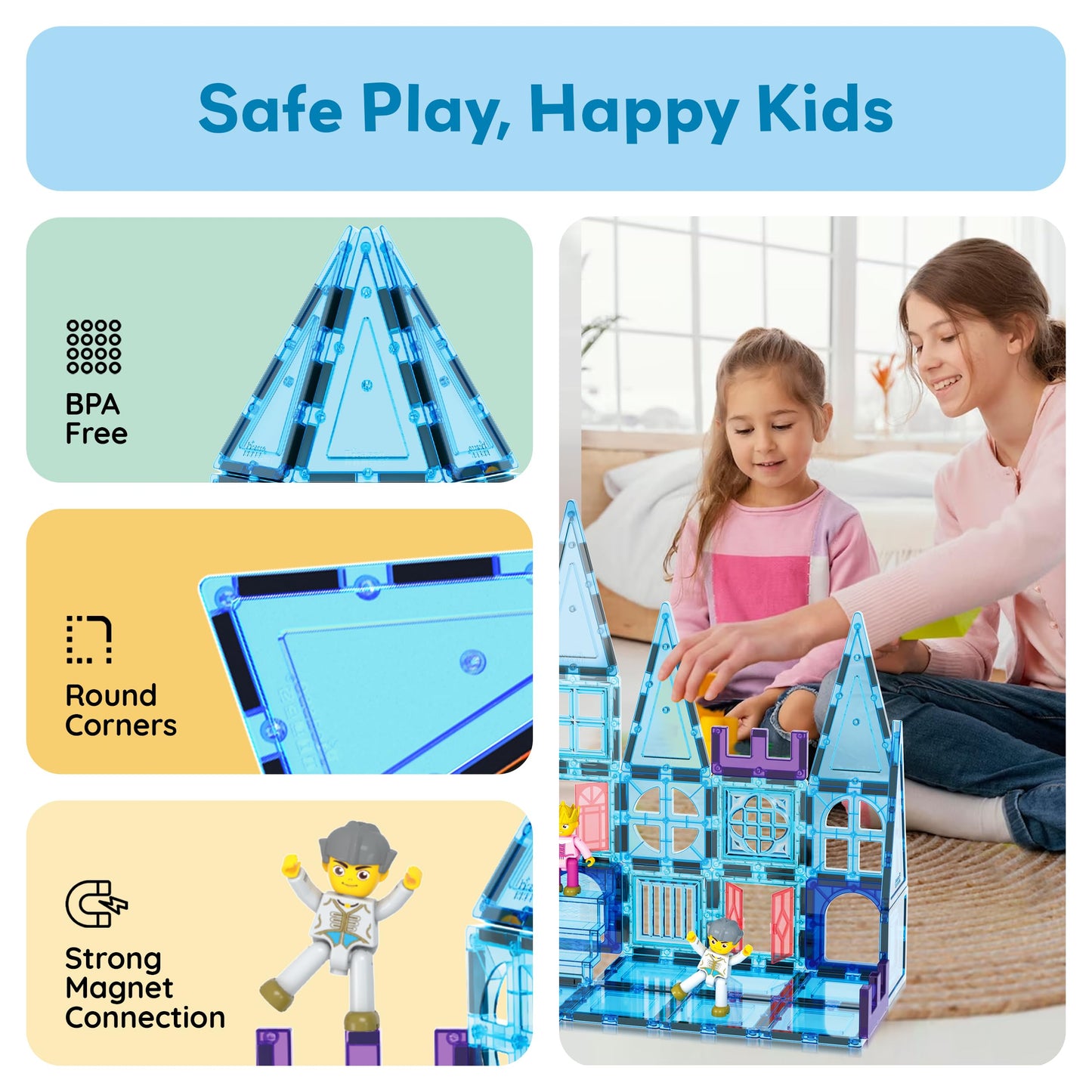 PicassoTiles 72 Piece Magnetic Building Tiles Castle Winter Ice Theme Construction Magnet Block Set with Princess Prince Character Stairs Windows Doors STEM Learning Educational Toy Kids Ages 3+ PT72