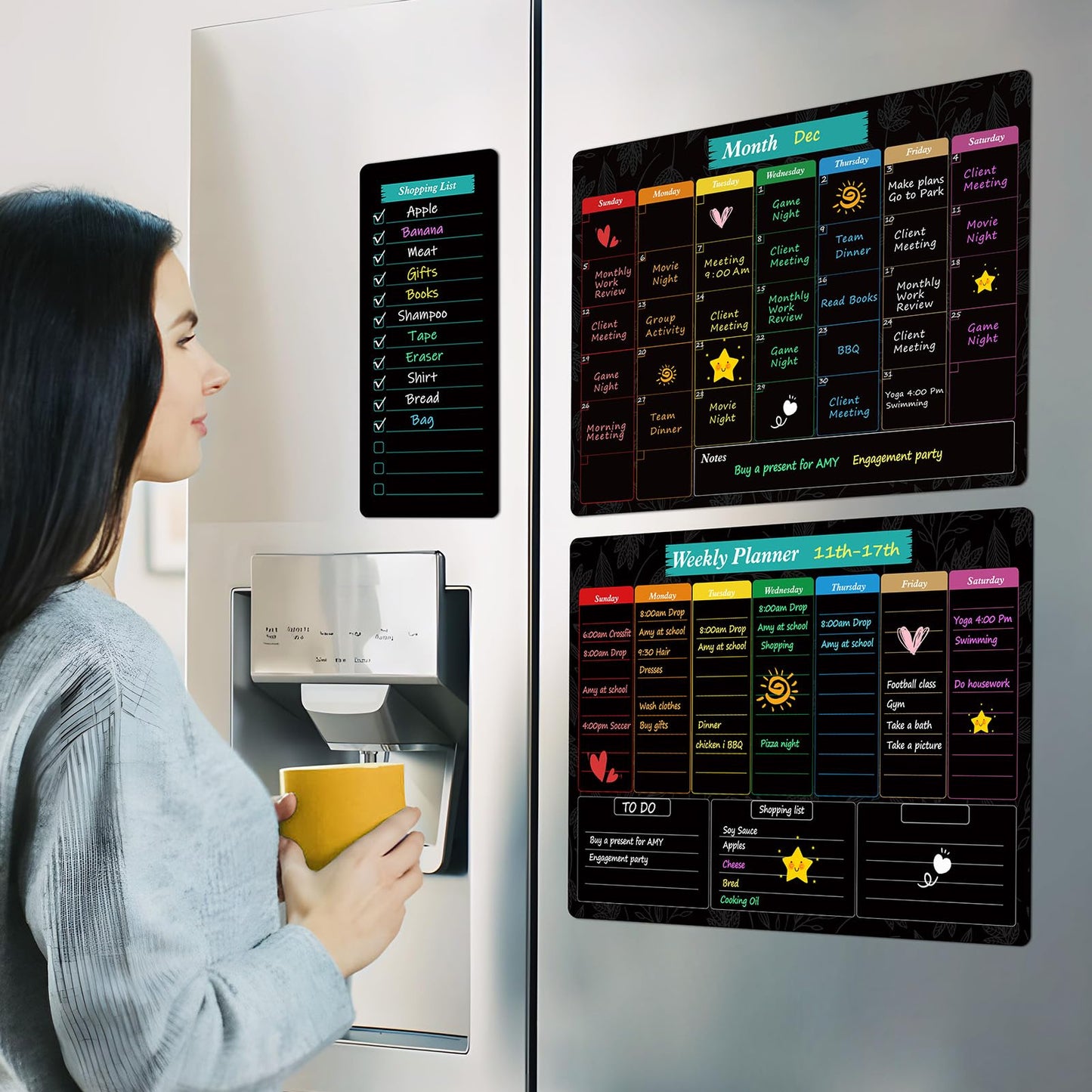 MaxGear Black Magnetic Calendar for Refrigerator, 16x12 Monthly and Weekly Dry Erase Fridge Whiteboard, Menu Schedule Planner Board, to-Do List, Notepad with 7 Markers,1 Eraser, and 1 Shopping List