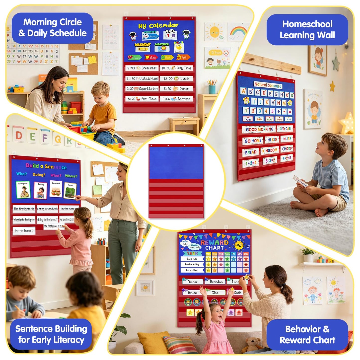 AKAYOK 2-in-1 Felt Board & Pocket Chart, 37”x28 Felt Board for Wall with 54 Self Adhesive Dots & 15 Dry Erase Sentence Strips, Flannel Boards Stories for Preschool, Early Literacy & Speech Therapy