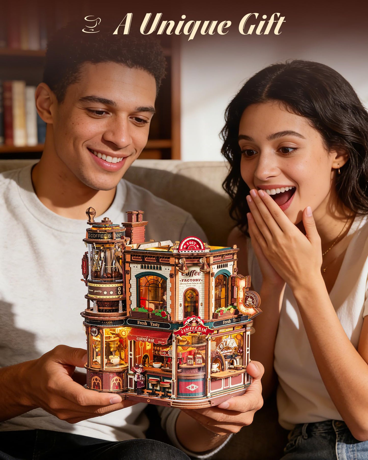 ROKR Dream Coffee Factory, Wooden Music Box Model, Mechanical 3D Wooden Puzzles for Adults, Building Kit with Moving LED Lights, Miniature House Kits, Desk Decor Gift