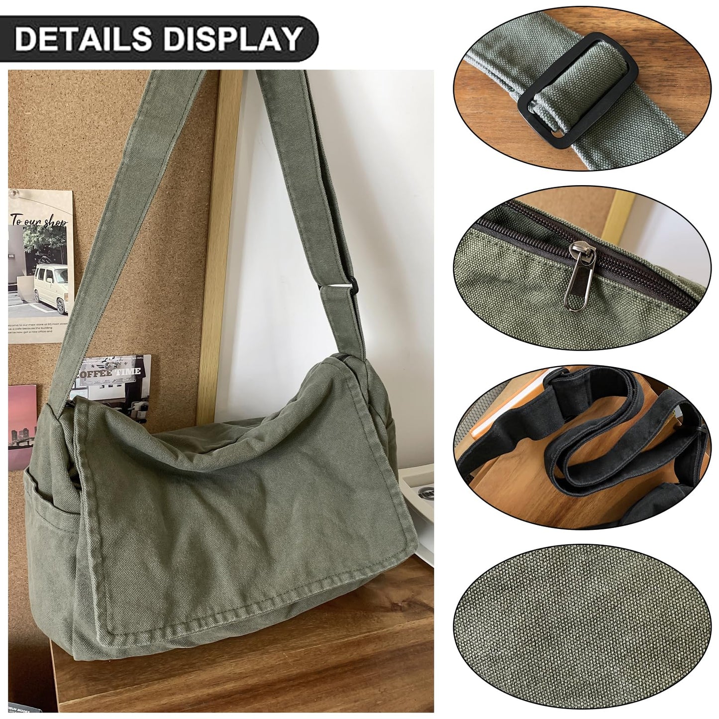 Huwzder Canvas Messenger Bag Large Satchel Bag Travel Hobo Bag Casual Tote Shoulder Bag for Women and Men (Black)