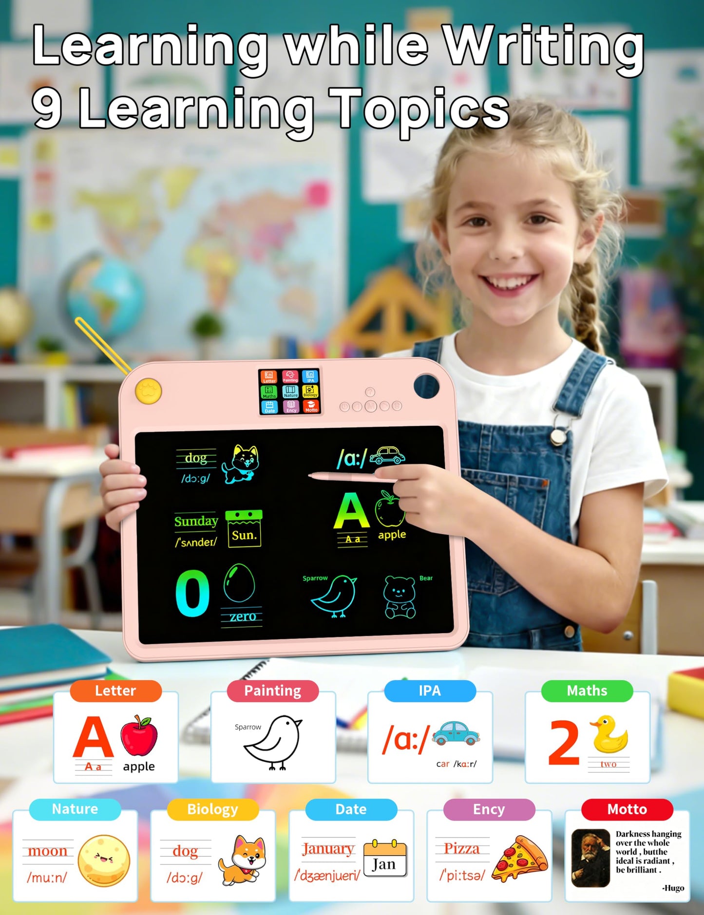 Multifunctional LCD Writing Tablet for 4-9 Kids Dual-Screen Pad（9 Learning Themes） Charging Erasable Board with Extra Stylus Lock Switch,Educational Learning Toys Birthday Gifts for Girls Boys (Pink)