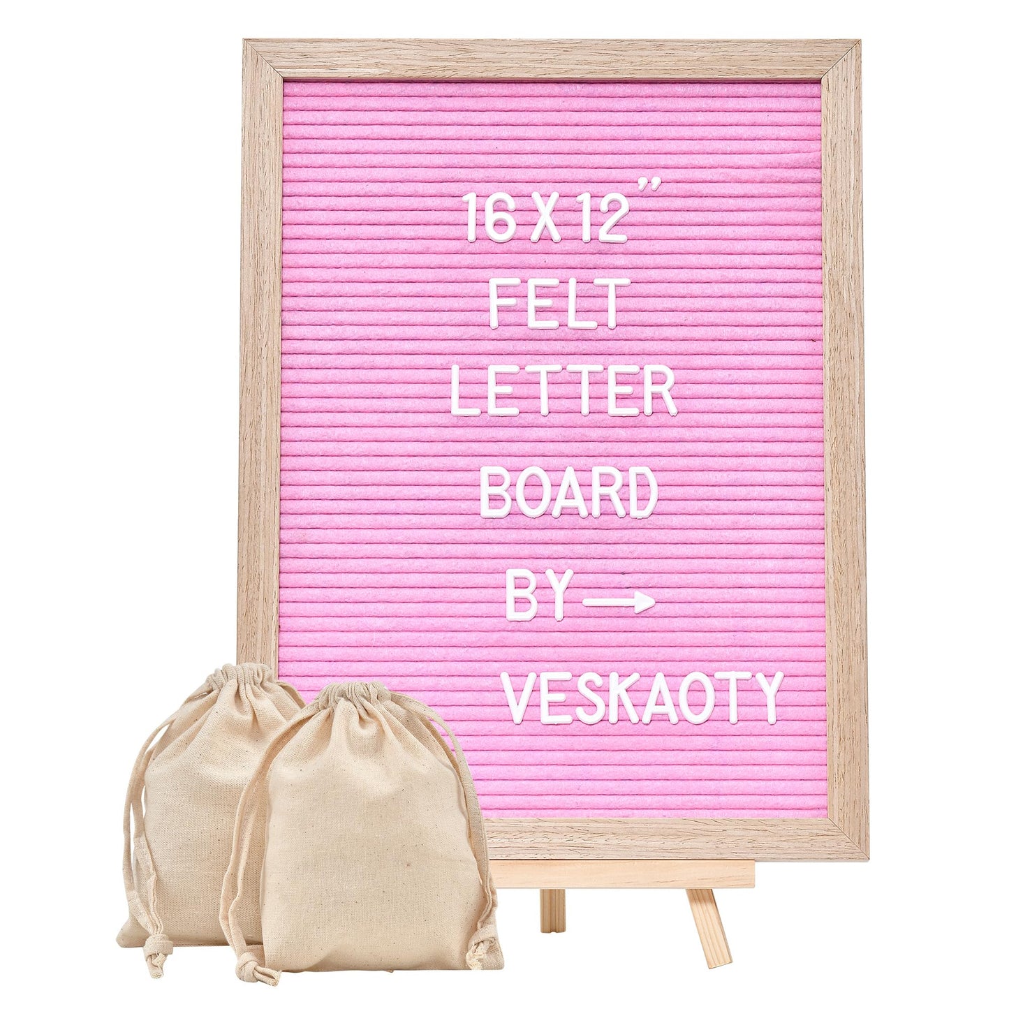 Felt Letter Board with 402 Letters, Numbers & Symbols - 12 x 16 inch Large Changeable Message Board with Wooden Frame Wall Mount Hook, 2 Canvas Bags, Wood Stand (Pink)