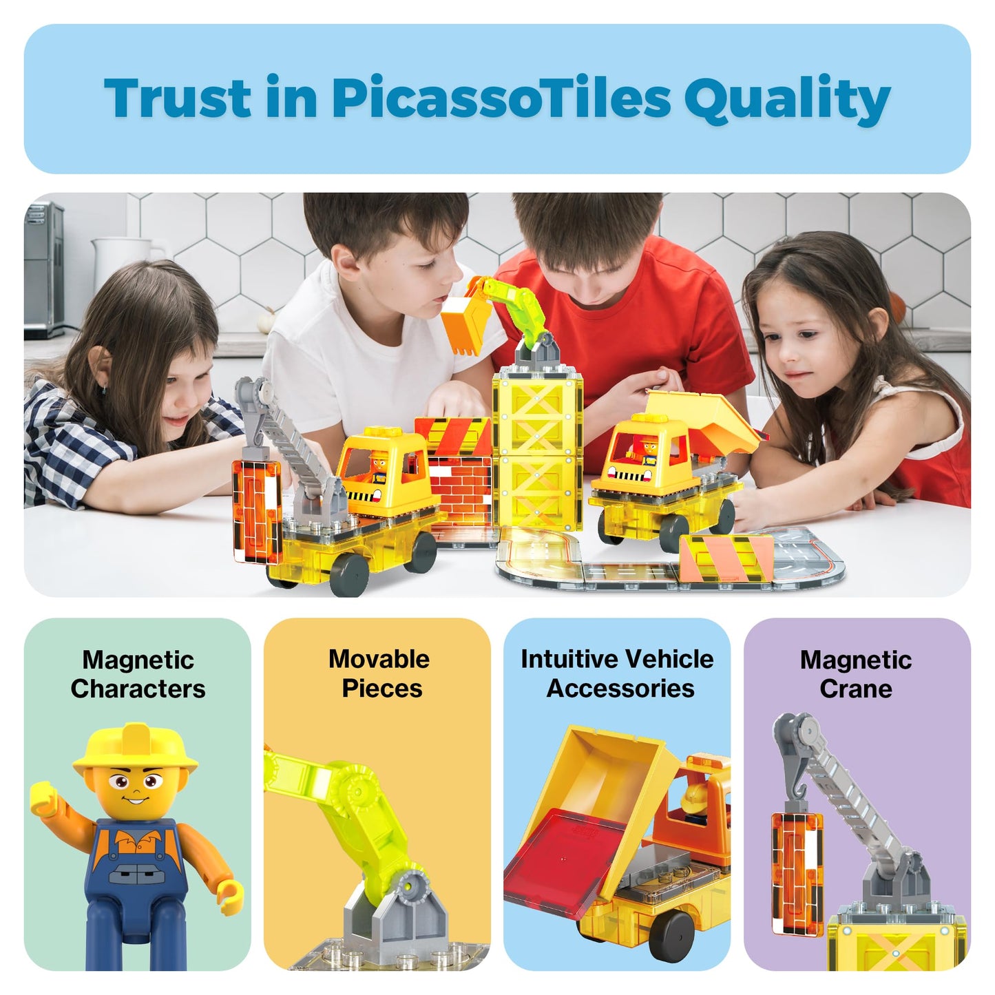 PicassoTiles Magnet Tile Construction Themed Building Blocks 5-in-1 Crane, Ladder, Dump Truck, Excavator, and Backhoe Action Figures, 2 Car Base Vehicles Magnetic Tiles Learning Toys Kids Ages3+ PTU06