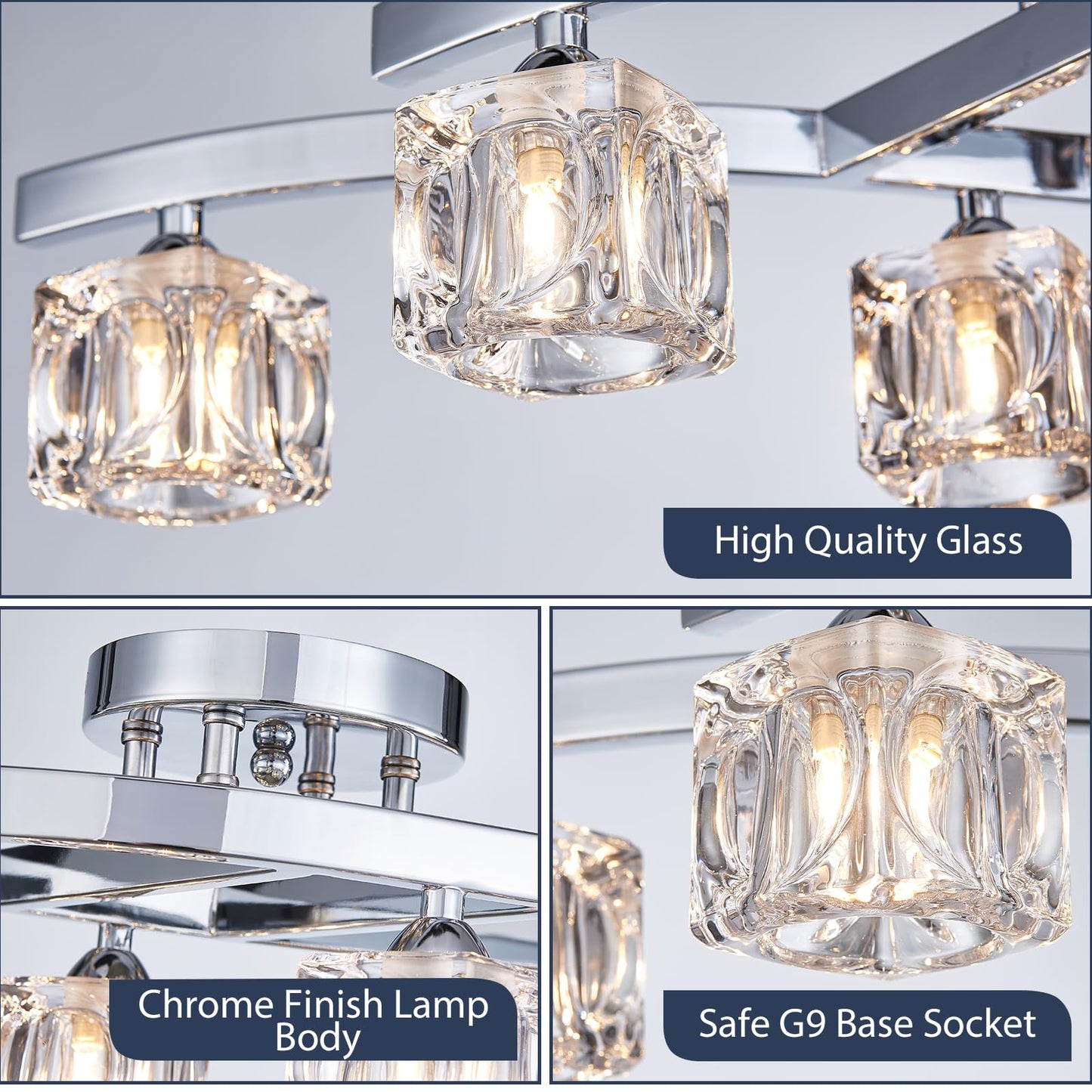 Bestier 6-Light Chrome Flushmount Chandelier, 30.5in L x 10in W x 7.5in H, Modern Elegant Glass Crystal Design, Model AK-AJ-