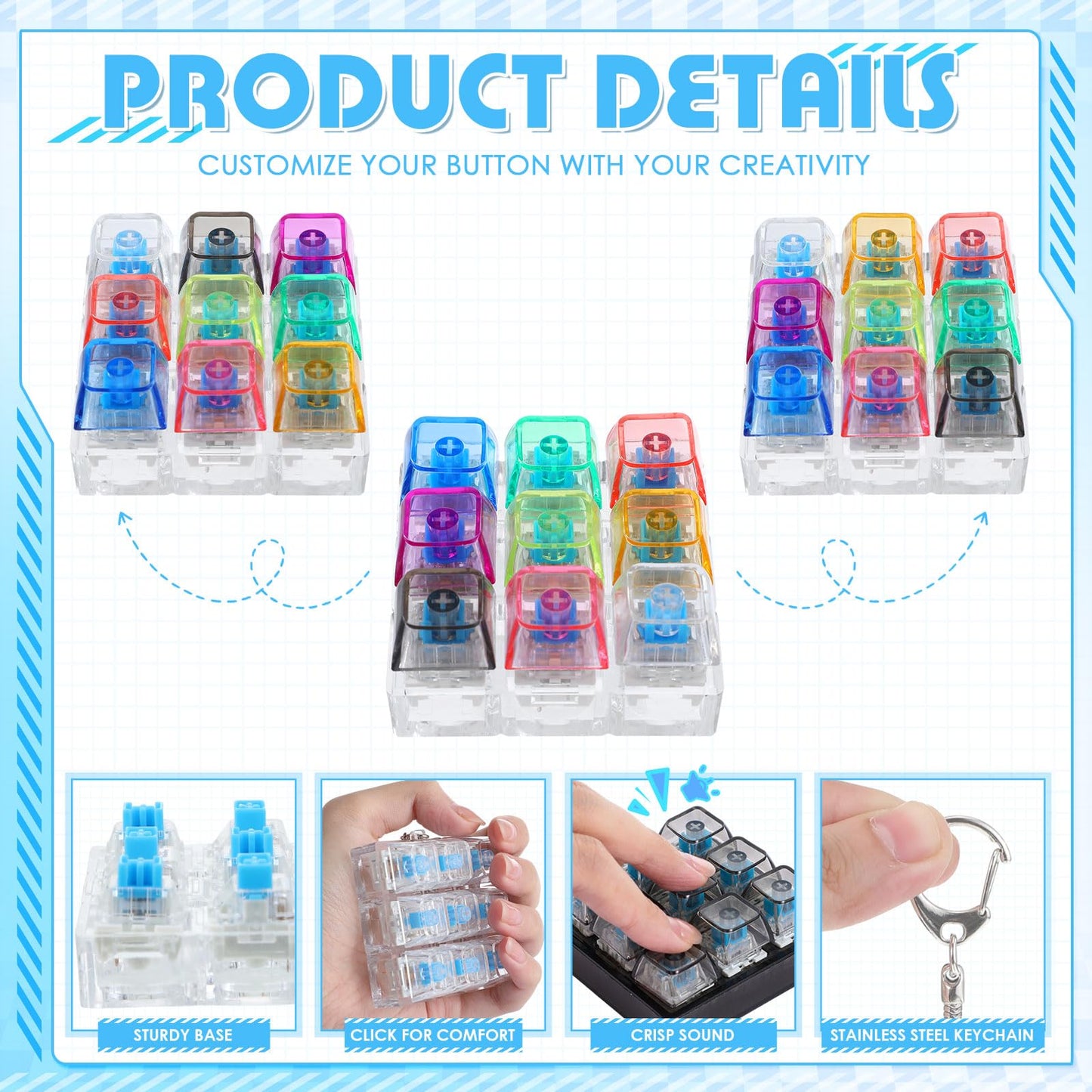 Halloscume 3 Pcs Keyboard Adult Fidget Clicker 9-in-1keyboard Fidget Keychain Cube Mechanical Key Button Clicker Stress Relief Gift for Office Home to Pass The Time (Transparent Colors)
