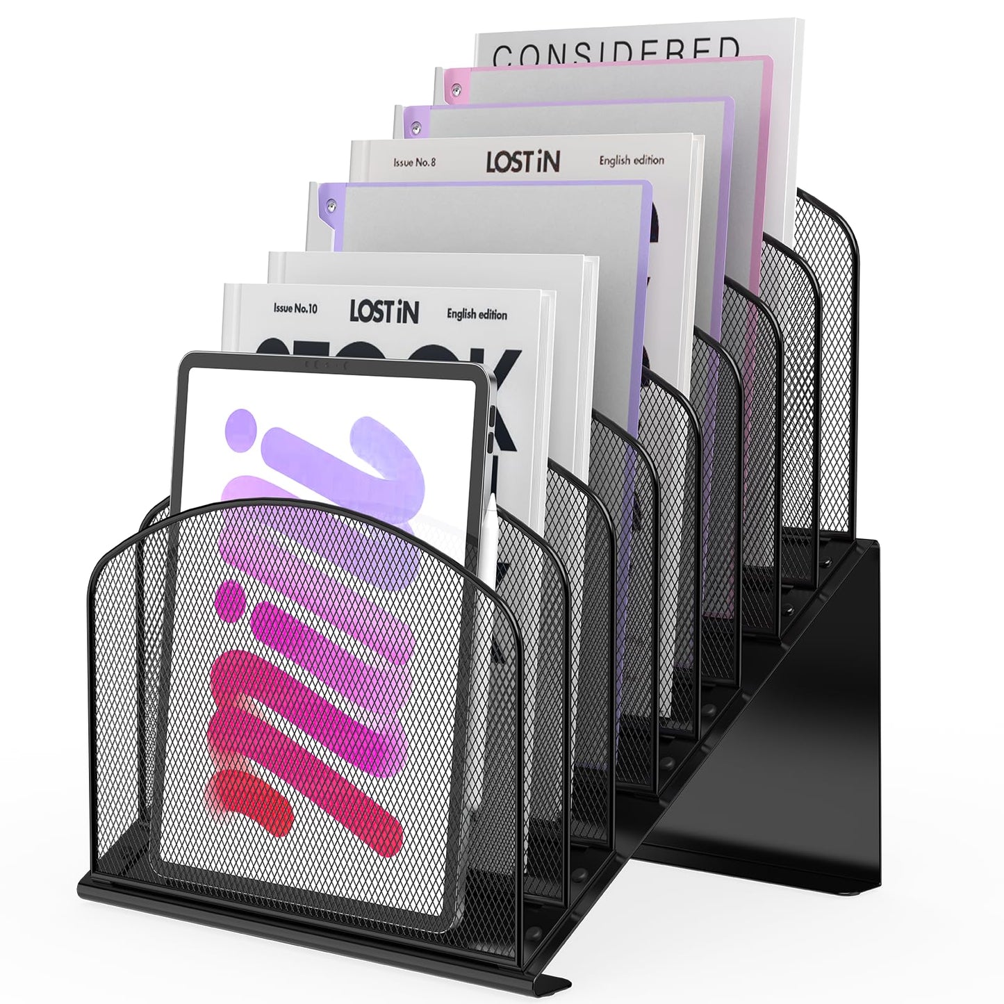 Inclined Desk File Organizer Metal Desk Magazine Folder Holder with 8-Section Vertical Compartments Rack File Organizer for Office, Home, School, Black