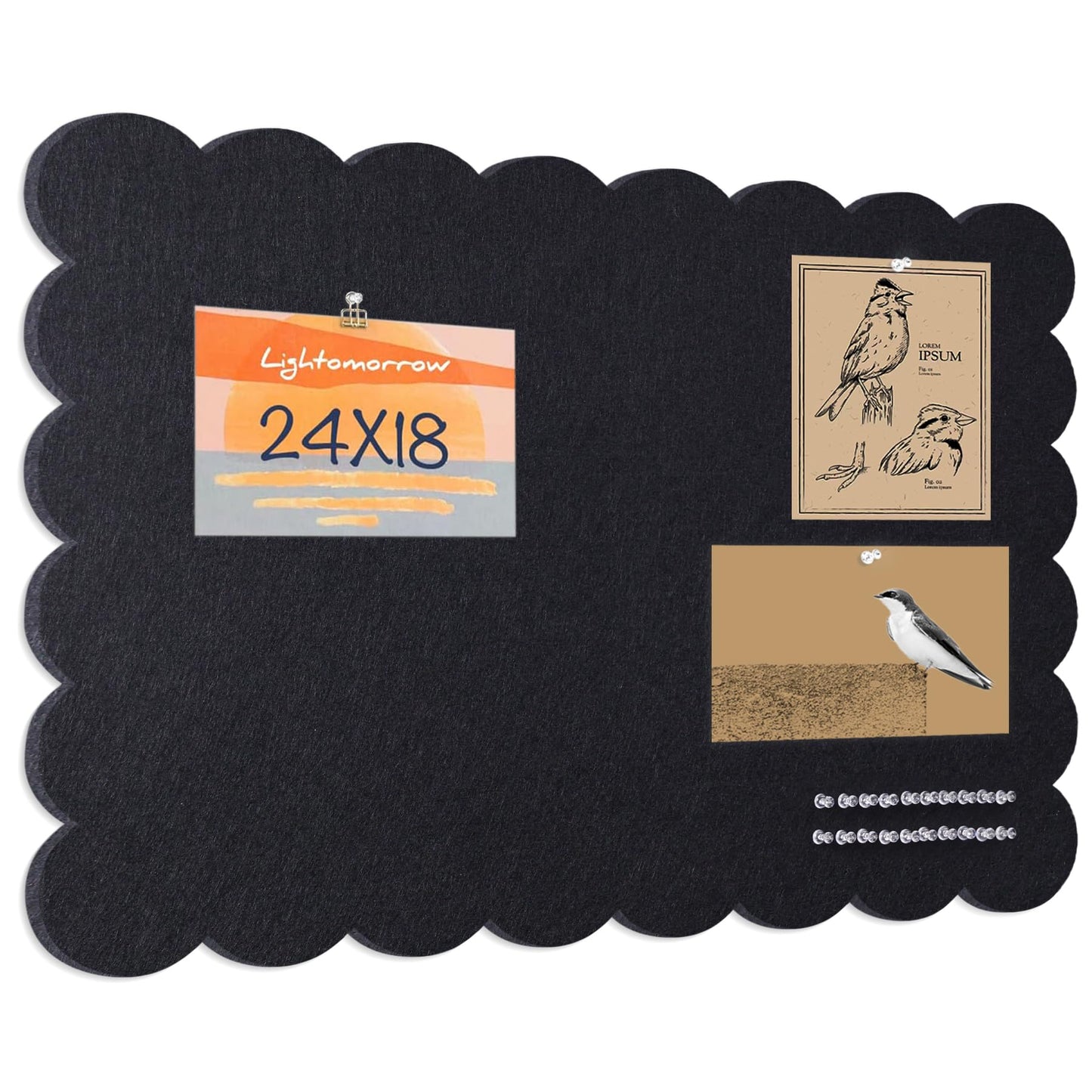 Lightomorrow Scalloped Bulletin Board, 24 x 18 Inches Felt Pin Board - Decorative Cork Alternative for Wall, Foldable Picture Self-Adhesive Vision Prayer Board with 20 Pushpins - Black