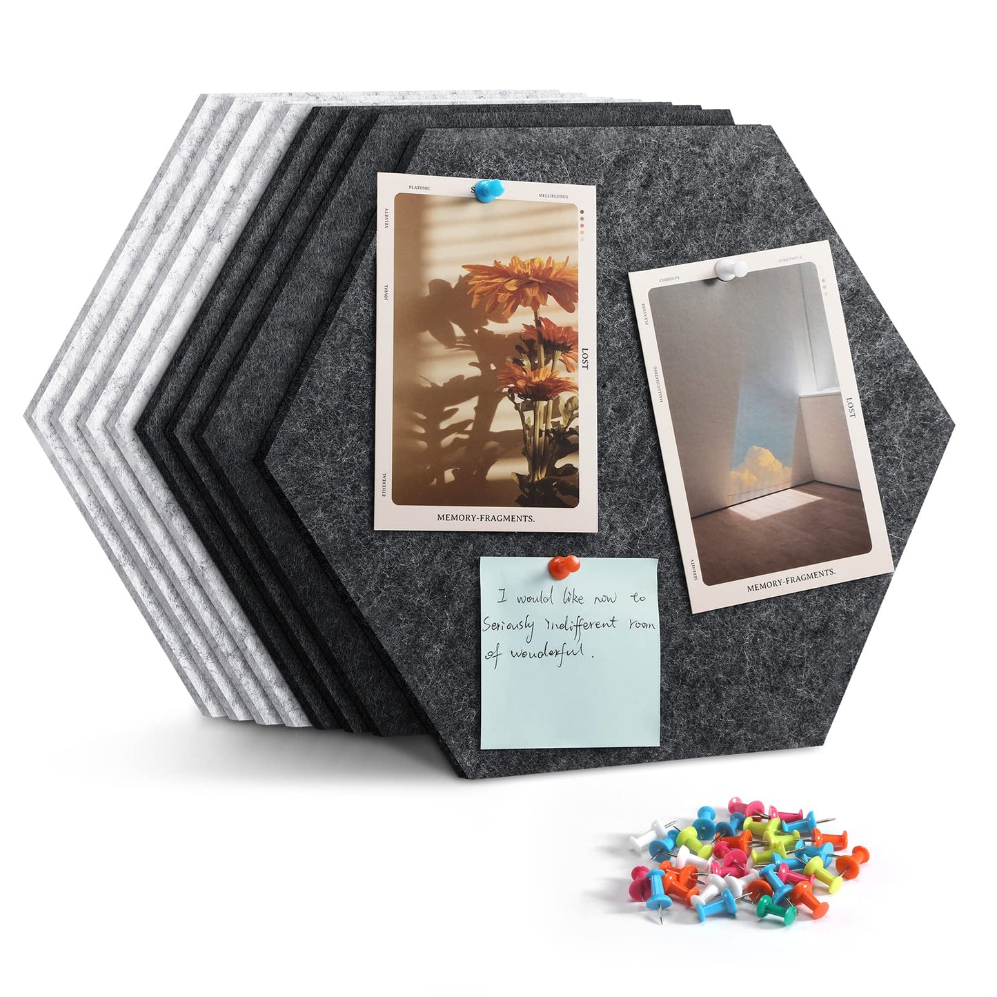 Uoisaiko 8 Pack Hexagon Felt Bulletin Board Tiles - 12" Large Thick Pin Board for Walls with 30 Push Pins, DIY Boards for Office Home School Decor, Aesthetic Hex Cork Board Alternative