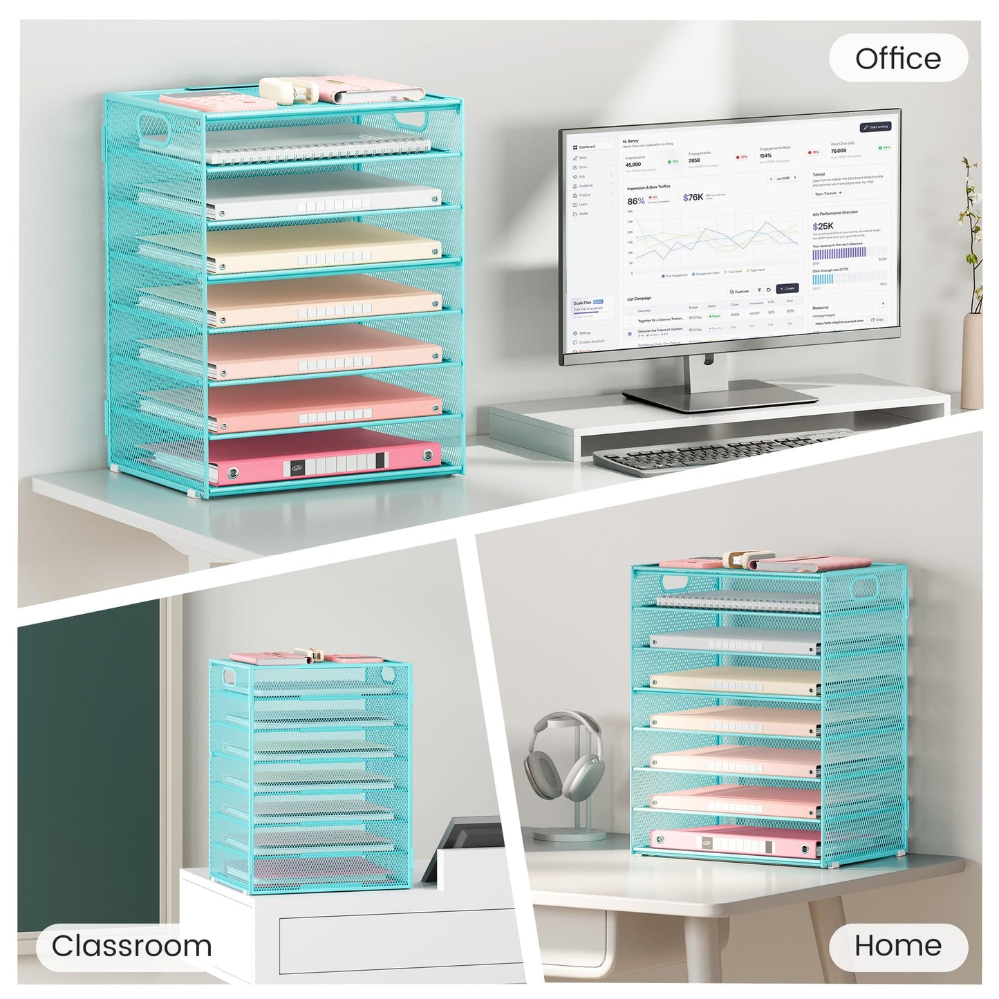Lavatino 2 Pack 8-Tier Office Desk File Organizer, Letter Tray Paper Organizer with Handle, Including 5 Adjustable Slide Trays for Organizing Desk Workspace Accessories and Supplies (Blue Metal Mesh)