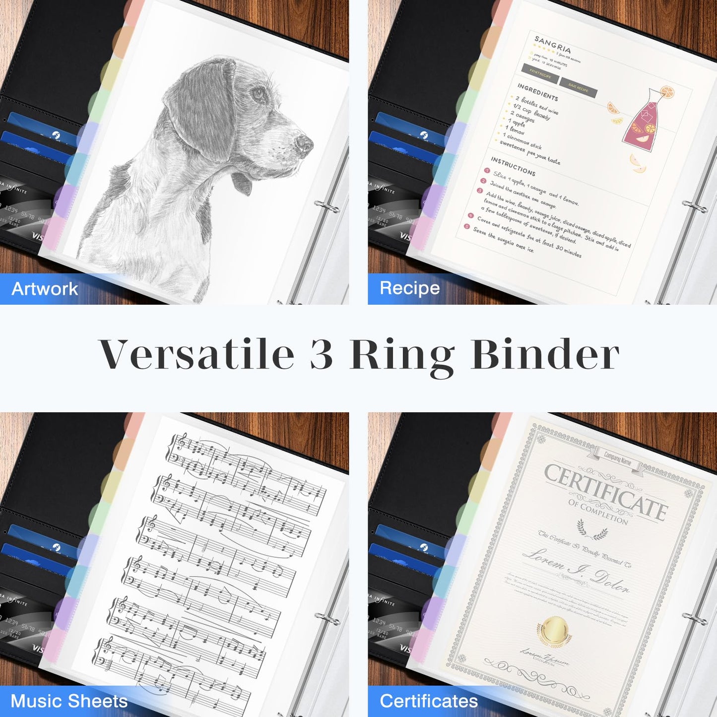 Ospelelf Leather Binder with 58 Plastic Sleeves, 3 Ring Presentation Binder for 8.5x11, Portfolio Organizer with 8 Tabbed Sleeves & Zipper Pocket for Documeents, Artwork, Certificates Black