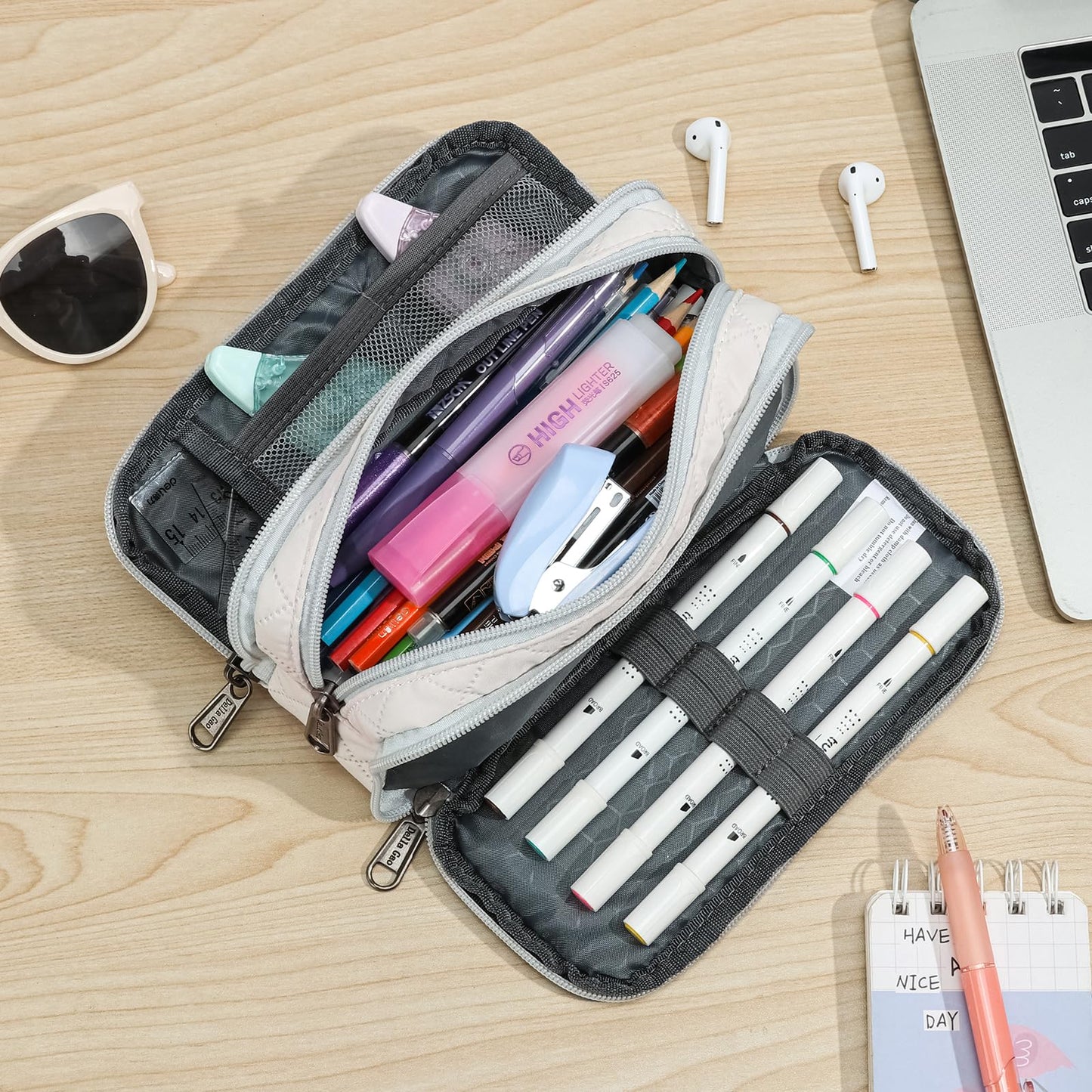 Della Gao Large Pencil Case, Big Capacity Pencil Pouch with 3 Compartments, Office Pencil Bag with Zipper, Big Pen Case for Adults (01-3Beige)