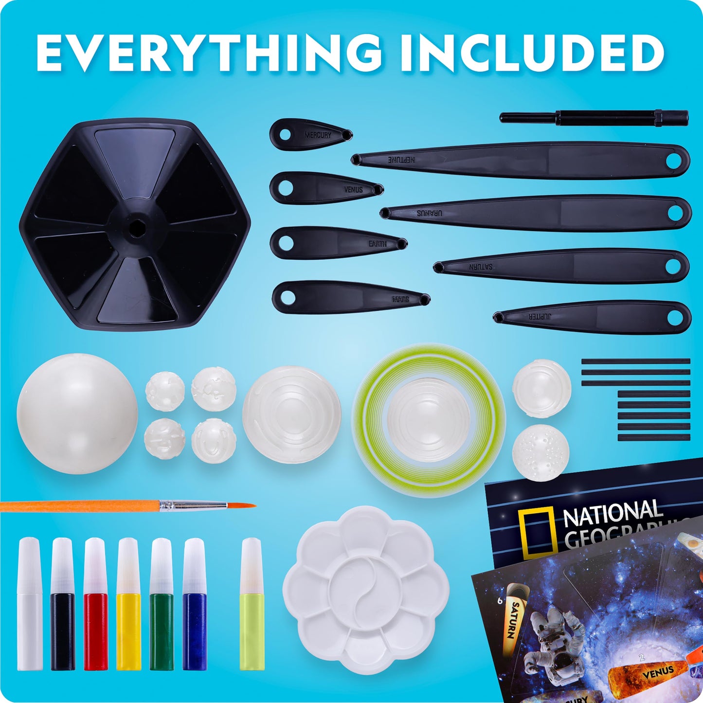 National Geographic Glow-in-the-Dark Solar System Model Kit for Kids - Build & Paint a 3D Planetary Model with Movable Arms, STEM Projects for Kids Ages 8-12, Space Themed Bedroom Decor