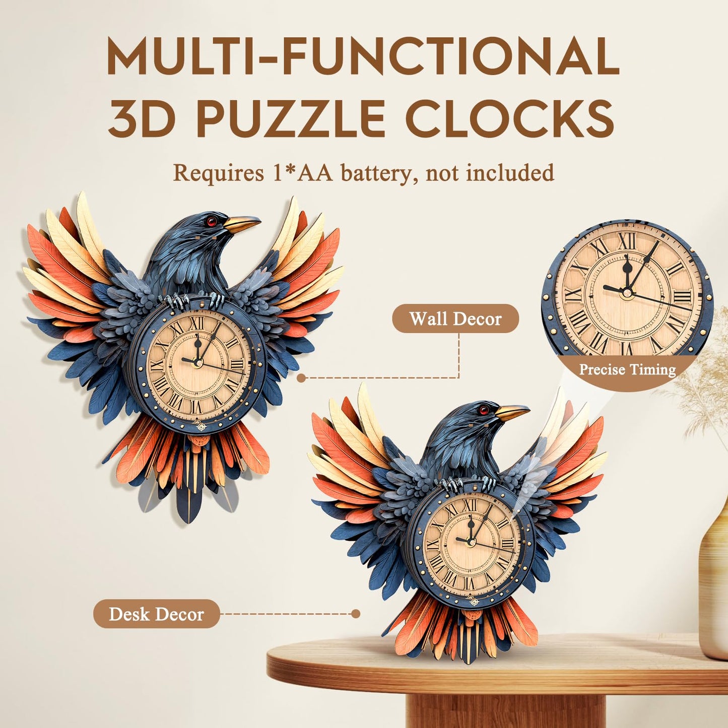 3D Puzzles for Adults Wooden Clock-Raven's Wing Model Kit, Mechanical DIY Pendulum Clock with Roman Numerals-Home Wall Decor, Birthday Christmas Day Gift for DIY Lovers