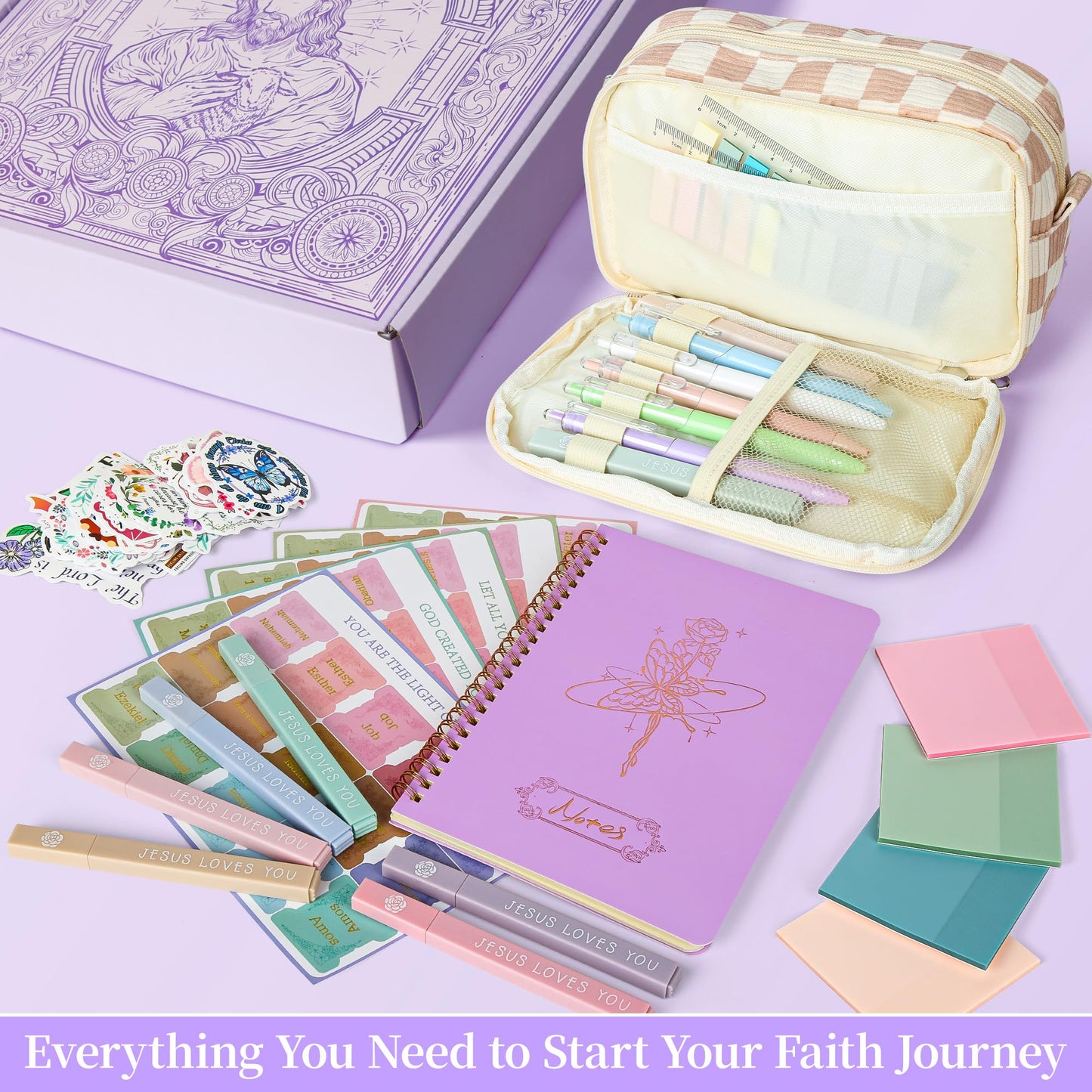 Bible Study Supplies Journaling Kit for Women,Bible Study Kit with Highlighters No Bleed,Journal Notebook Tabs Large Pencil Case, Accessories Set for Women Teens Beginner, Christian Gifts (purple)