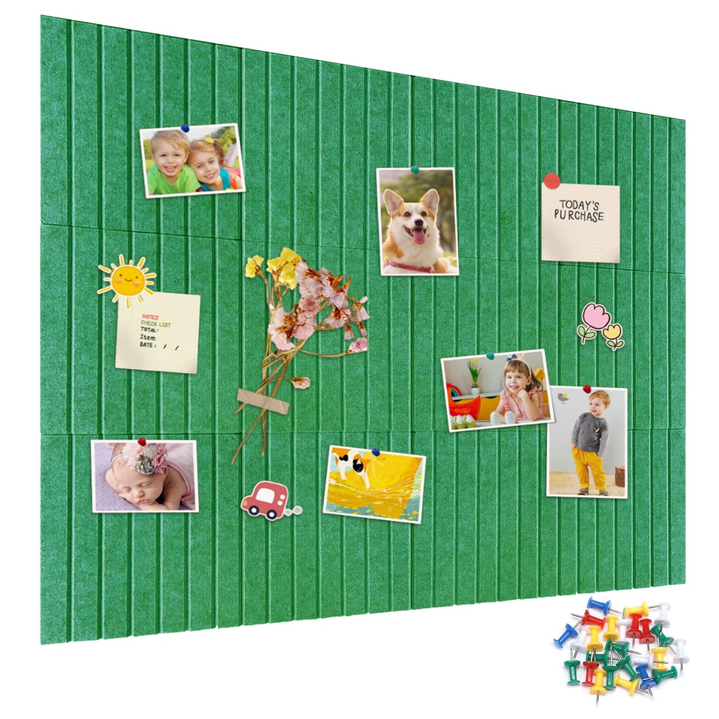 15 Pack Felt Bulletin Board, 35" x 59" Large Green Pinboard with 30 Push Pins, Felt Pin Board, Self-Adhesive Cork Board Tiles for Home, Office Walls, School Classroom Message Photos Display