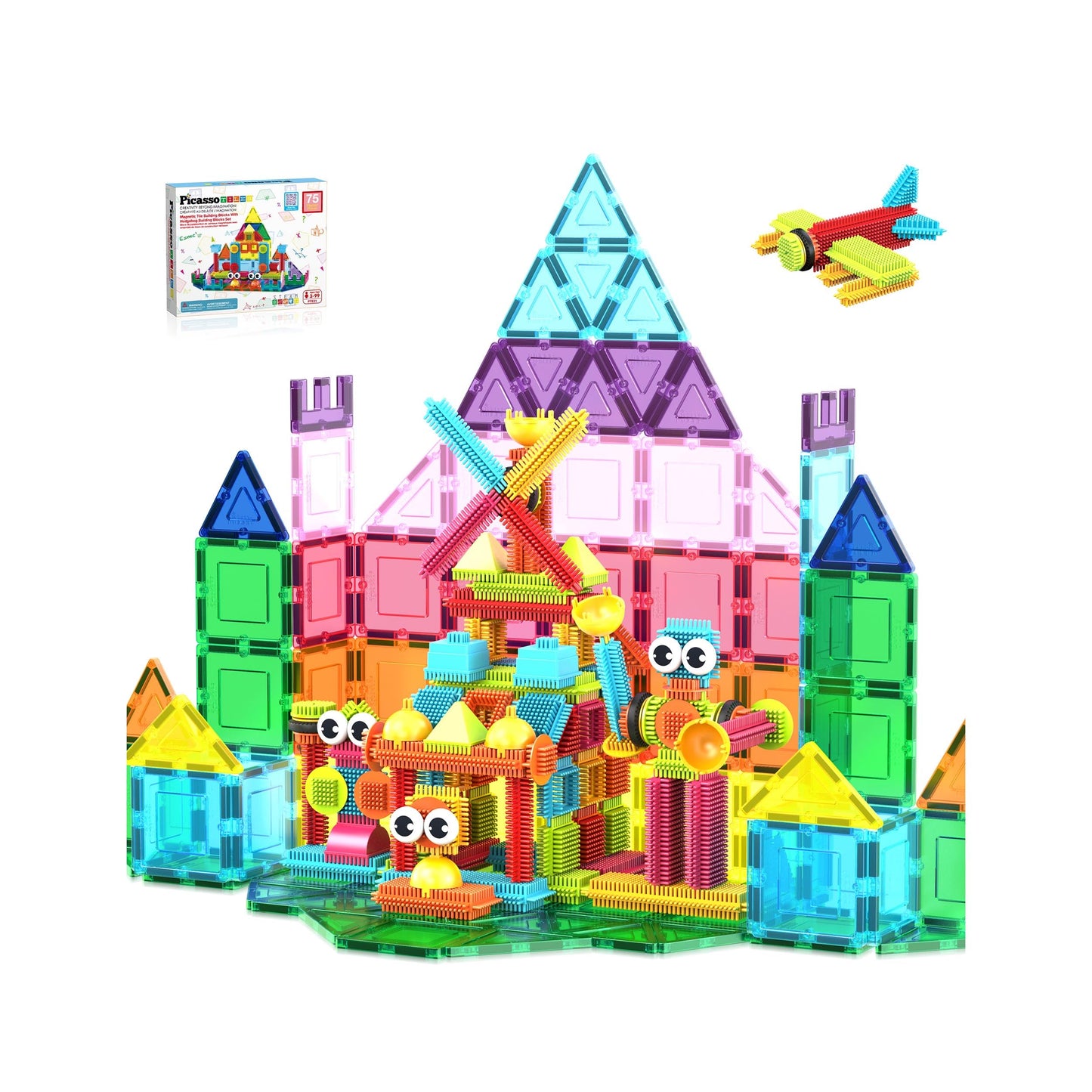PicassoTiles Magnetic Tiles & Hedgehog 2-in1 Interlocking Brush Connector Magnet Building Blocks Construction Set Learning Playset STEM Toys Development Preschool Education Toy Toddler Age 3 Up PTE21