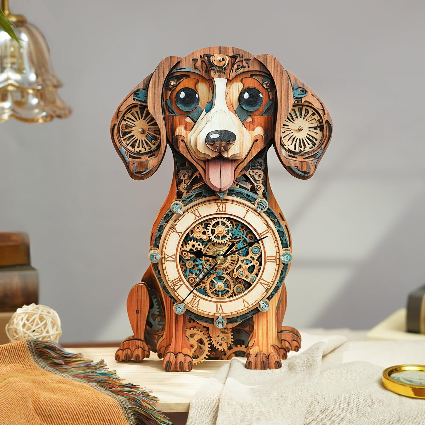 3D Wooden Puzzles for Adults, Dachshund Clock with Pendulum Model Kit, 3D Puzzles for Adults Room Home Decor DIY Wall Clock Kit, Holiday Birthday Christmas Day Gifts for Men Women Teens