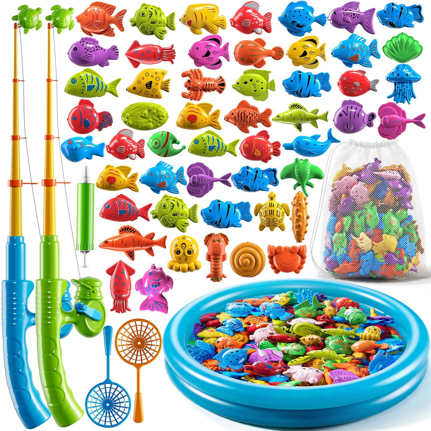 PEADUCK Magnetic Fishing Game Pool Toys for Toddlers 3-5, Water Table Bathtub Toys with Inflatable Pool Pole Rod Net Plastic Floating Fish, Outdoor Toys for Kids Boys Girls Age 3 4 5 6 7 8 Year Old