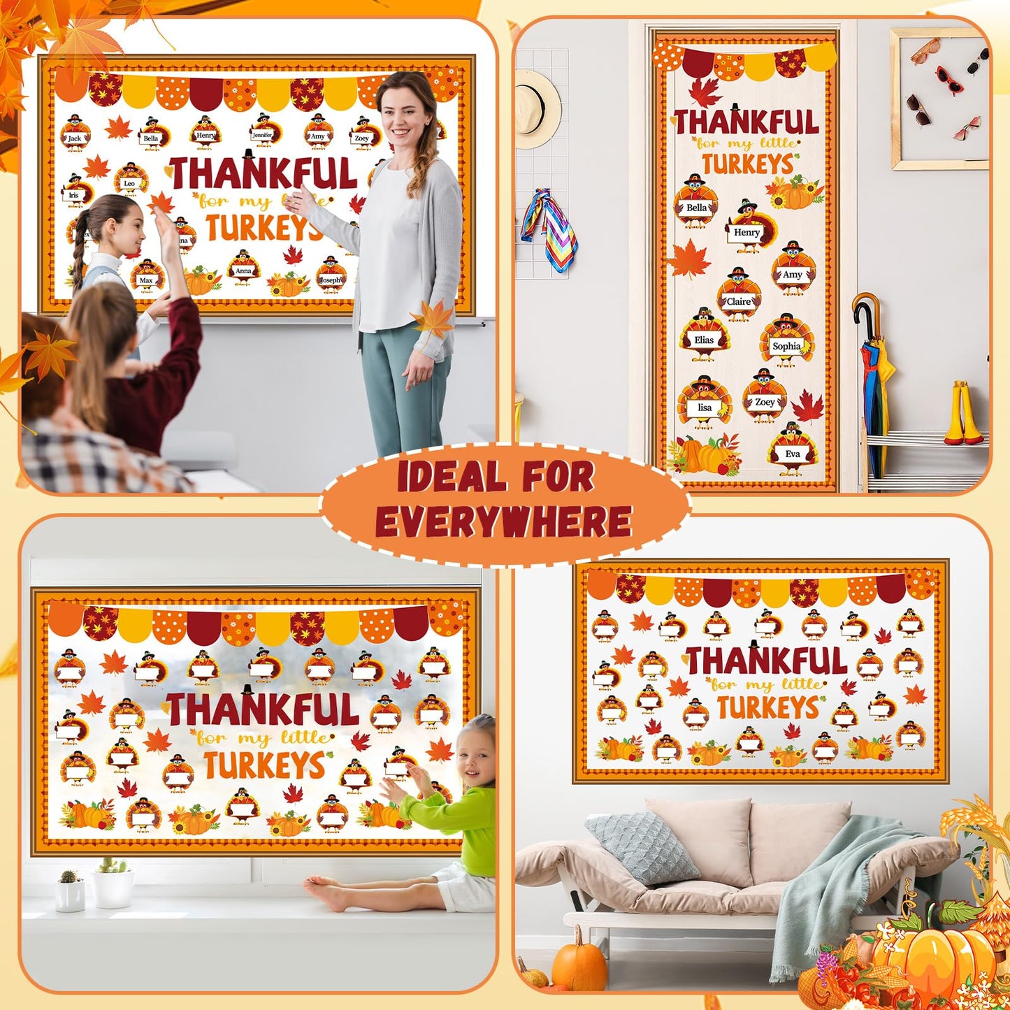 Thanksgiving Turkey Bulletin Board Set Thankful Classroom Decoration My Little Turkeys Paper Cutouts DIY Fall Crafts Bulletin Board Border for School Wall Autumn Decor Teacher Supplies
