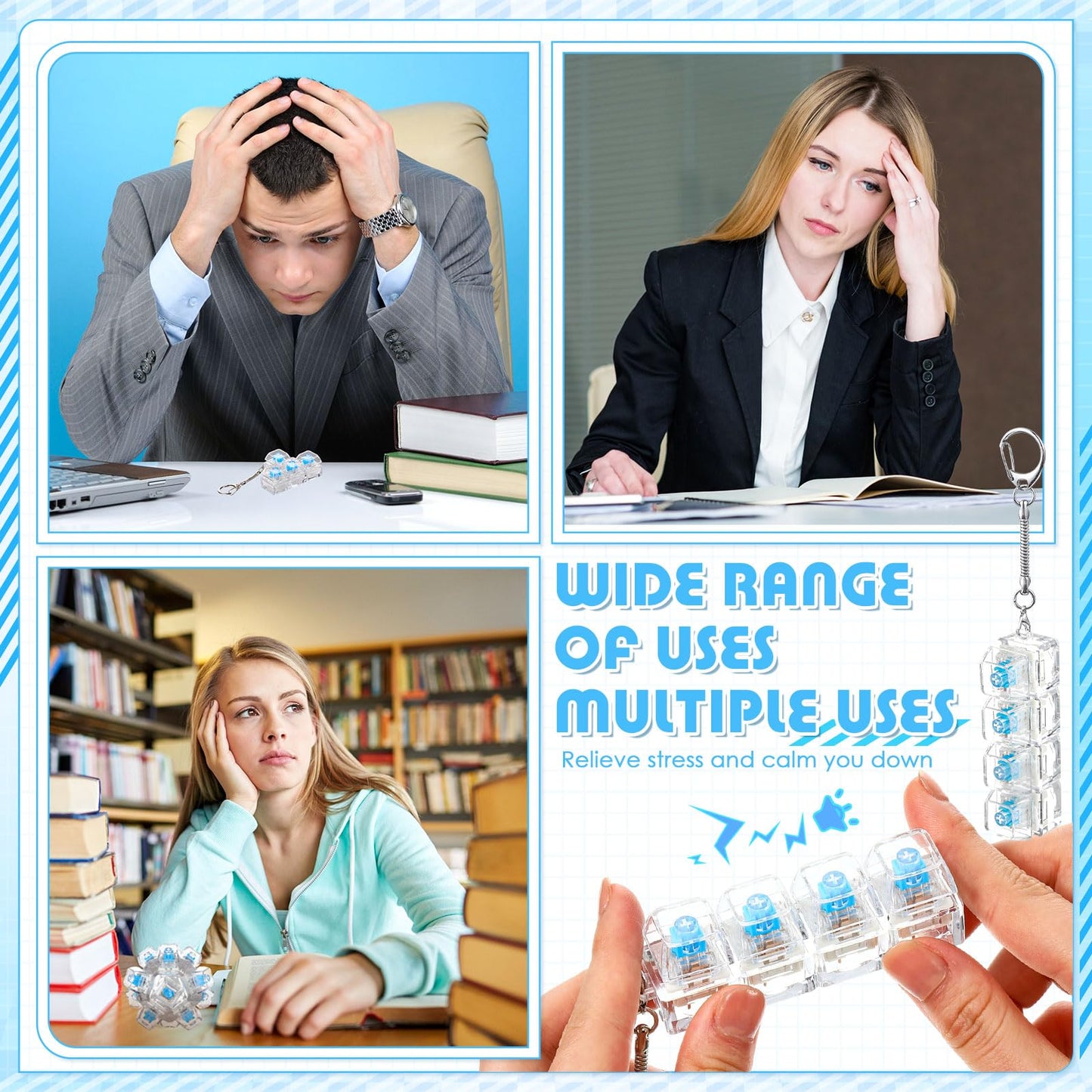 Halloscume 5 Pcs Keyboard Adult Fidget Clicker in 5 Styles Keyboard Fidget Keychain Cube Mechanical Key Button Clicker Stress Relief Gift for Office Home Pass Time(White Transparent)