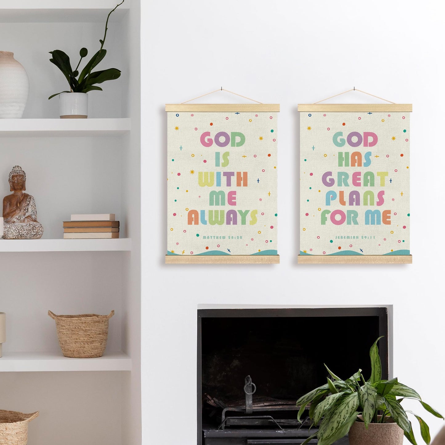 BCUANGD Christian Wall Decor - Scripture Bible Verse Wall Art Poster Hanger with Wood Frames Set of 2, Corlorful Religious Wall Hanging Canvas Decor for Boy Nursery Kids Room, 12x16 Inches