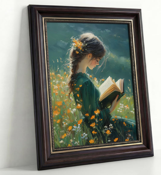 Vintage Dark Brown Framed Girl Books Canvas Wall Art Inspirational Kids Educational Wall Decor Picture Girl Reading On The Grass Poster Print for Children'S Room Living Room Bedroom Home Decoration