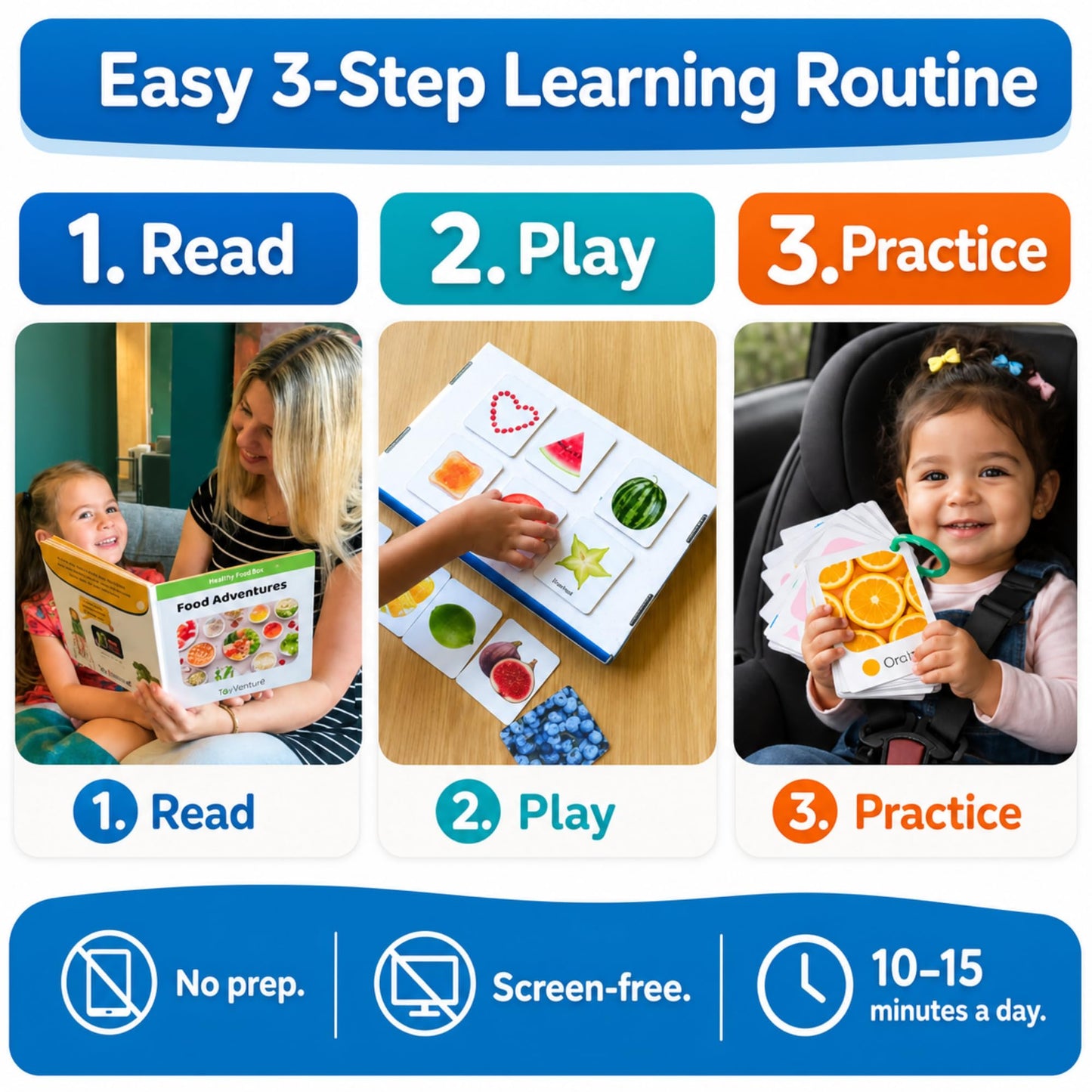 TOYVENTIVE Preschool Learning Activities – Montessori Toddler Toys with Educational Flashcards, Matching Games and Food-Themed Activity Cards for Early Skills, Visual Recognition – Ages 1 & 2