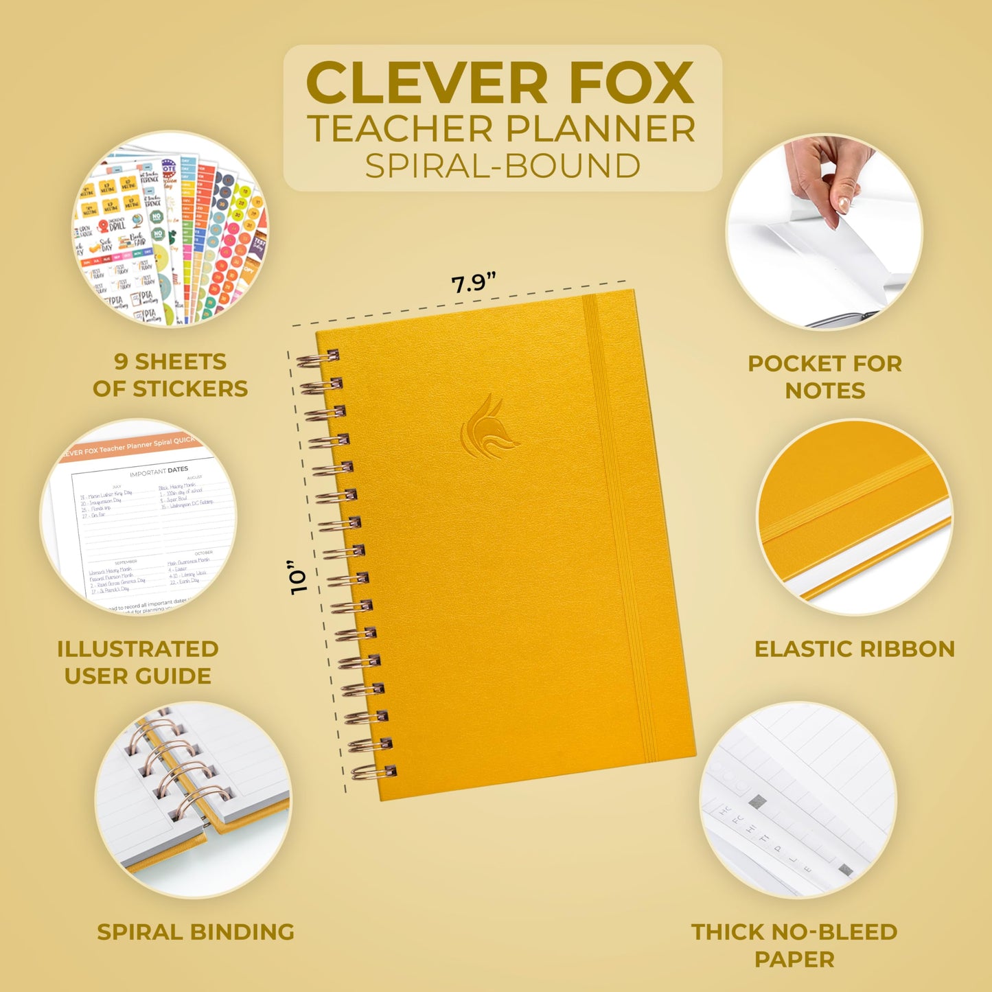 Clever Fox Teacher Planner Spiral – School Year Planner with Calendars & Lesson Plans – Teacher Plan Book for Classroom & Homeschool Organization - Undated, 7.9x10″ (Amber Yellow)