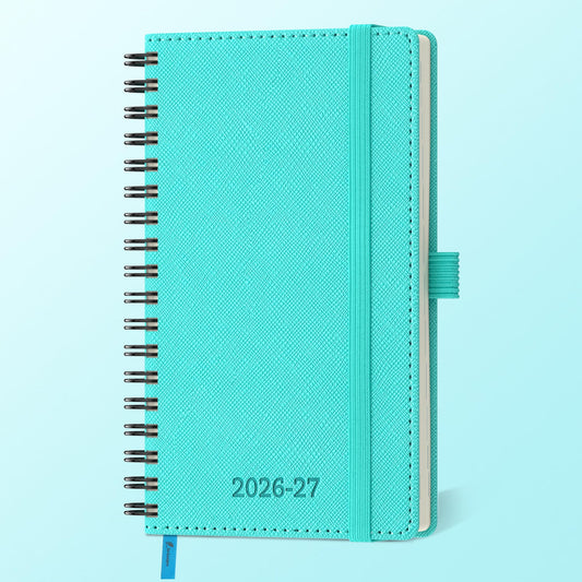 IN-LUXPRO Planner 2026-2027 Daily Weekly and Monthly,6.5"x3.75",18 Months Spiral Bound Calendar Agenda with Self-adhesive Pen Holder,2026 Academic Plan with Vegan Leather Soft Cover,Light Blue