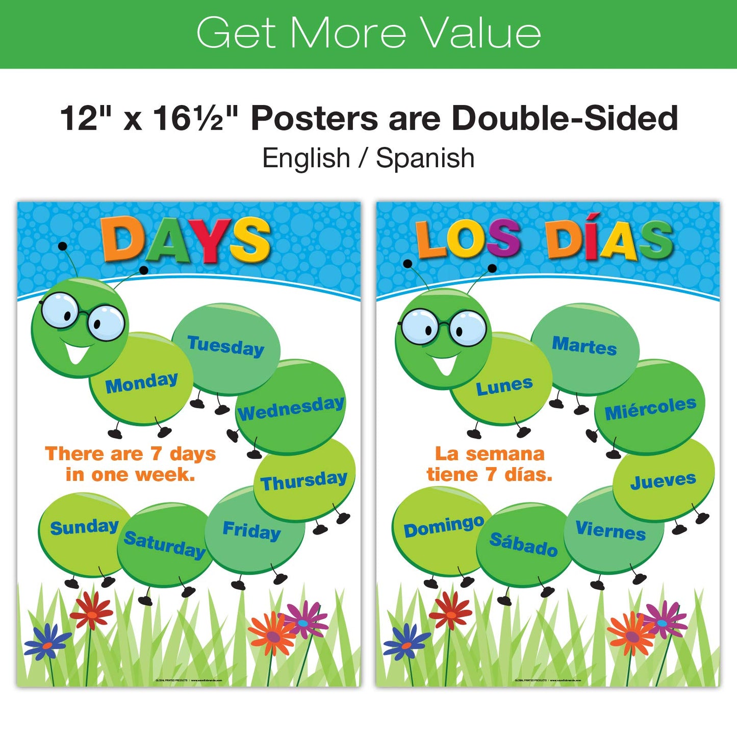 Global Printed Products, 20 Large Educational Posters For Kids (16.5x12 Double Sided English/Spanish) Alphabet Colors Letters Numbers Shapes Months Days Weather Time Animals Solar System Seasons Map