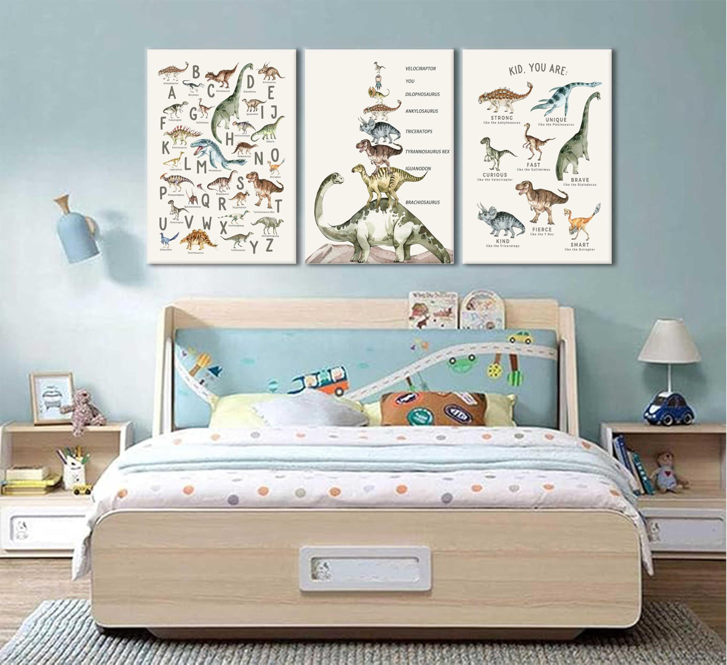 3Pcs Kids Dinosaur Species Canvas Wall Art Dinosaur Alphabet Painting Boys Room Wall Decor Tyrannosaurus Encyclopedia Educational Posters Prints Teen Cool Pictures for Home Classroom Nursery Framed
