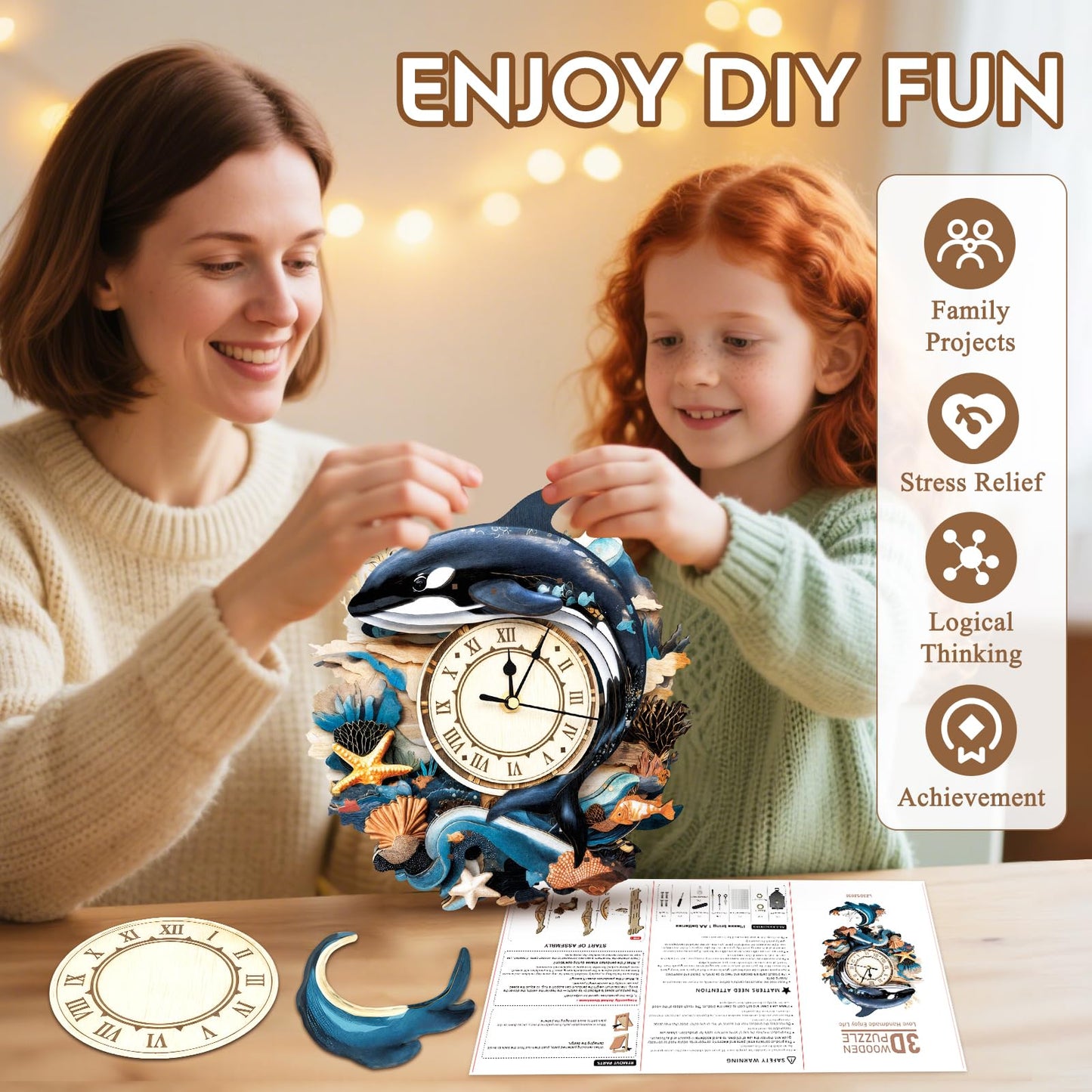 Cutywood 3D Puzzles for Adults Clock-Killer Whale Design Model Kit-Mechanical DIY Pendulum Clock with Roman Numerals-Desk Home Office Decor Personalized Gift for DIY Lovers