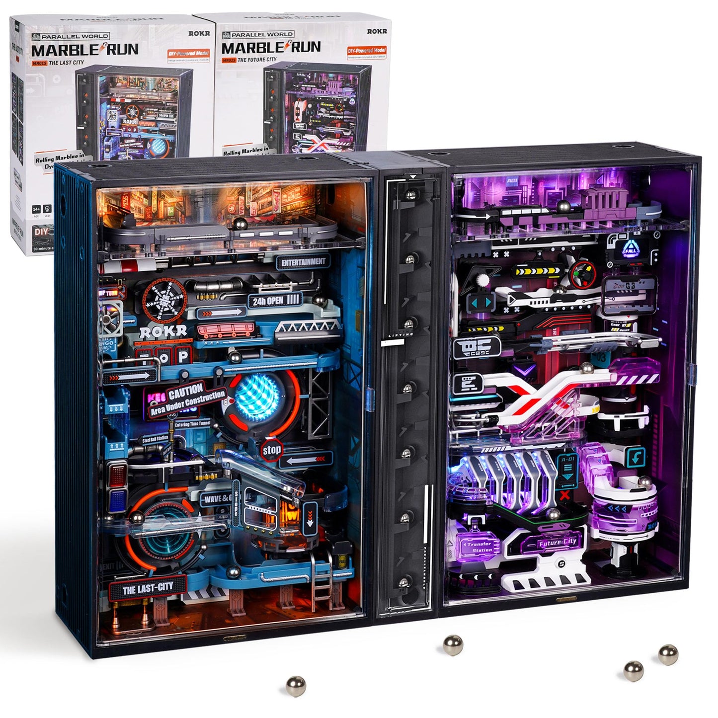 ROKR 2 in 1 Marble Run kit, 3D Plastic Puzzles for Adults, The Last City and The Future City Two Metal Models DIY Miniature Building Toy Kits, Gift for Women Men (Parallel World MRX01)