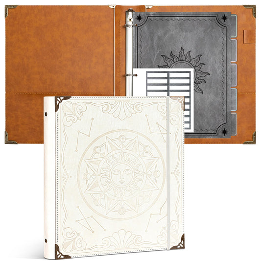 Ospelelf 3 Ring Binder 1 Inch Leather Vintage Hardcover Binder Dividers with Tabs for Letter Size 8.5"x11" Paper, Binder with Pockets for Photo Album, Document Organizer and Family History, White Sun