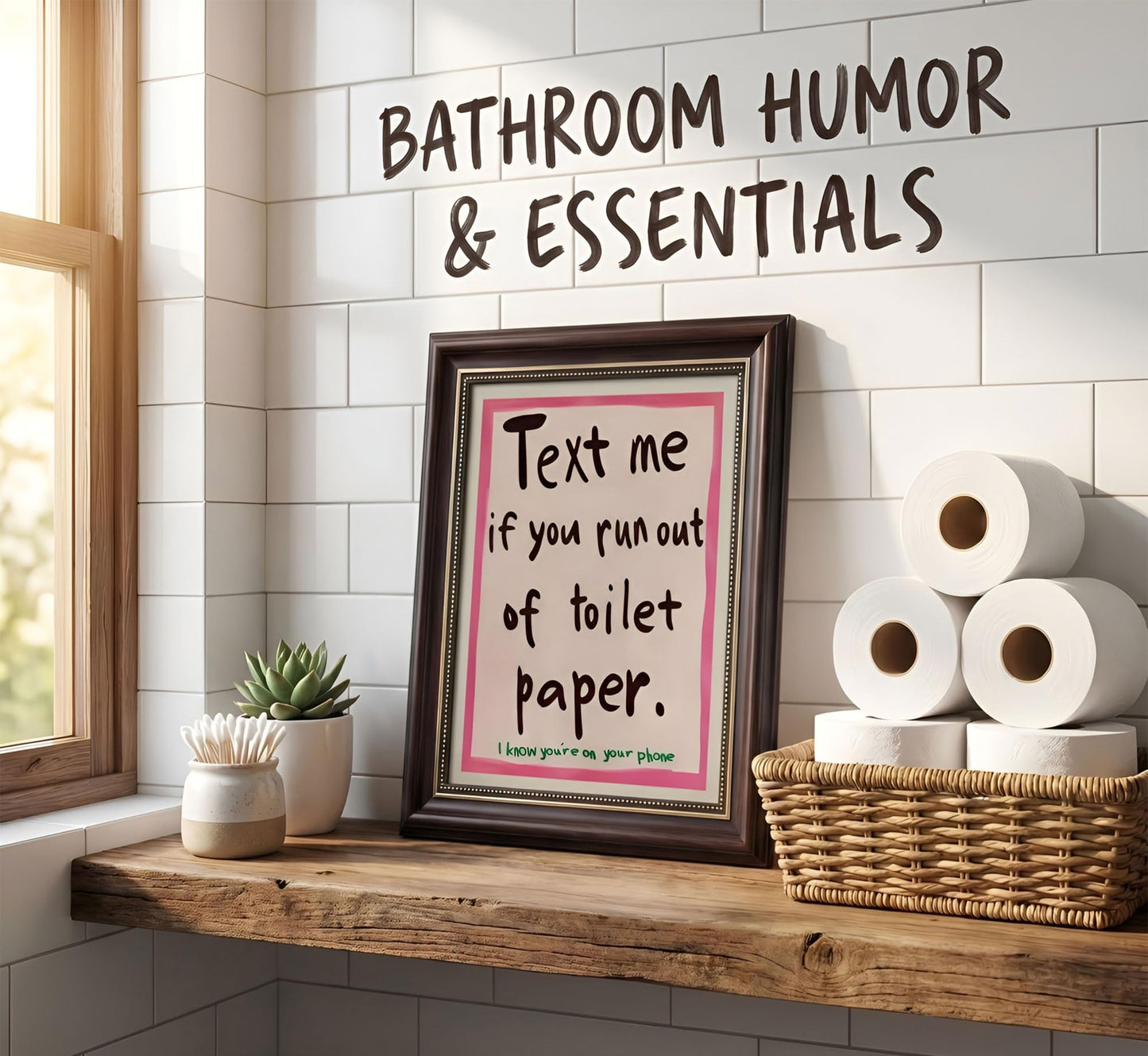 Dark Brown Framed Funny Bathroom Quotations Canvas Wall Art Message Me If You'Re Out Of Toilet Paper Wall Decor Picture Pink Humor Bathroom Poster Print for Toilets And Restrooms. Prepare To Hang
