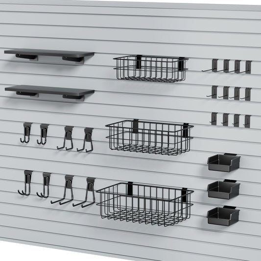 35Pcs Slatwall Accessories Kit, with Slatwall Hooks, Baskets, Shelves, Bins, Heavy Duty Slat Wall Accessory for Garage Organization, Workshop & Utility Room