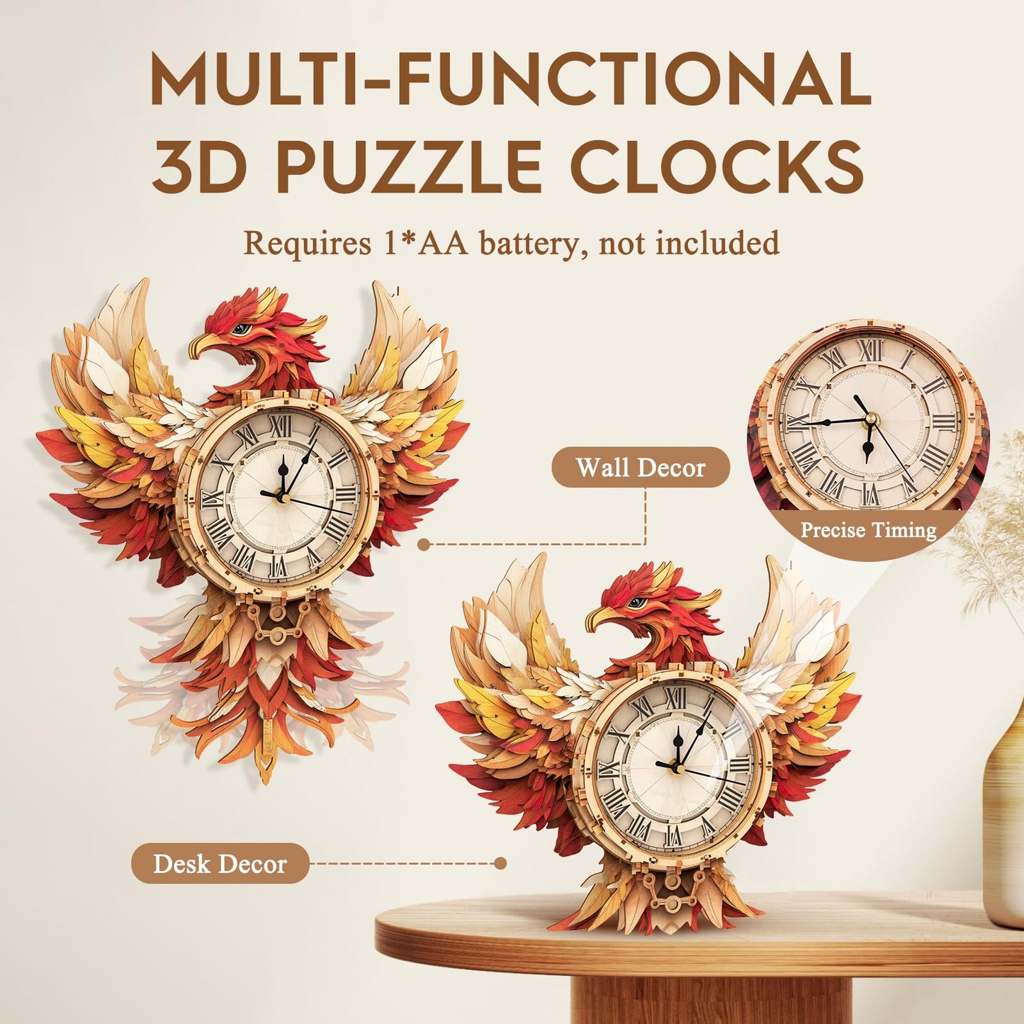 Cutywood 3D Puzzles for Adults Clock-Phoenix Design Model Kit-Mechanical DIY Pendulum Clock with Roman Numerals-Desk Home Office Decor Personalized Gift for DIY Lovers