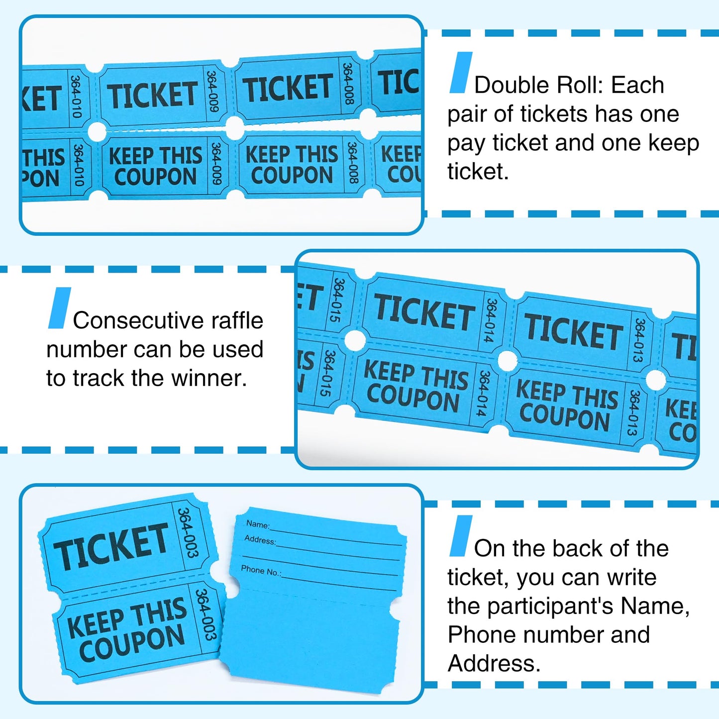 ESSENTIAL 2000 Raffle Tickets Double Roll, Raffle Tickets Roll with Name and Phone Number, for Raffle, Events, Classroom, Entry, Class Reward & Door Prize - Blue/Yellow/Red/Green