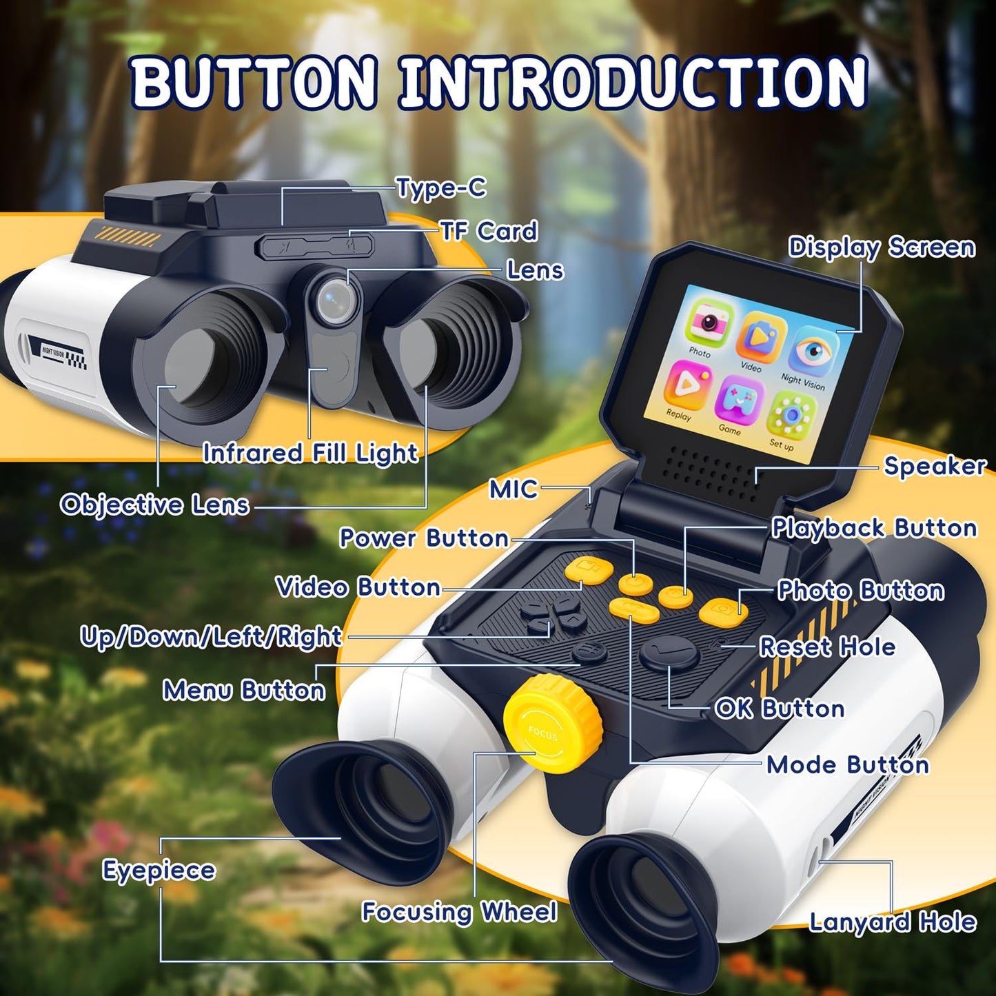 Ahalfcit Binoculars for Kids with Night Vision, 2.4" HD Screen & 10X Zoom for Photo and Video - Outdoor Adventure Binoculars Bird Watching, Camping, Hiking, Gifts for Kids Ages 4+ (White)