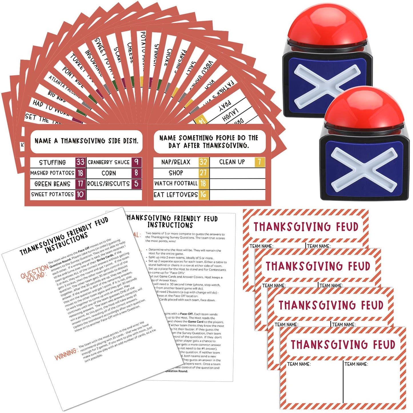 Syhood Thanksgiving Friendly Feud Card Game with 2 Answer Buzzers, Friendsgiving Trivia Quiz Game for Family, Party Night Activities for Adults, Office, Large Group and Team Building