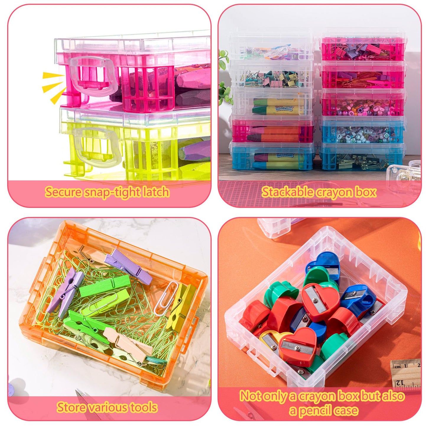 Suzile 32 Pcs Plastic Crayon Box with Snap Lids Bulk Stackable Crayon Storage Box Pen Pencil Container for Organizer Craft School Classroom Office Supply (Clear, Red, Blue, Green, Orange)
