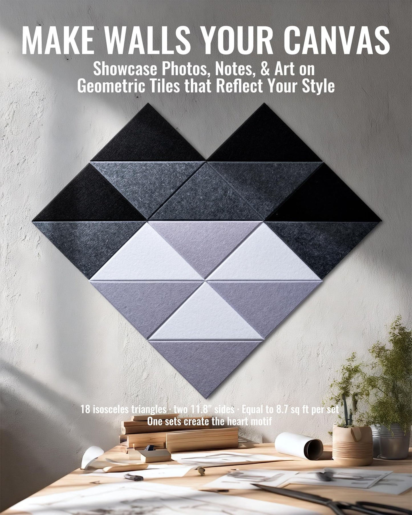 PebblingQ Felt Wall Tiles Bulletin Board, Modular Decorative Panels for Home Office, Kids Room, Classroom, DIY Geometric Design, Creative Photo Display Board, 18 Pack 11.8" Triangle Tiles(Ether)