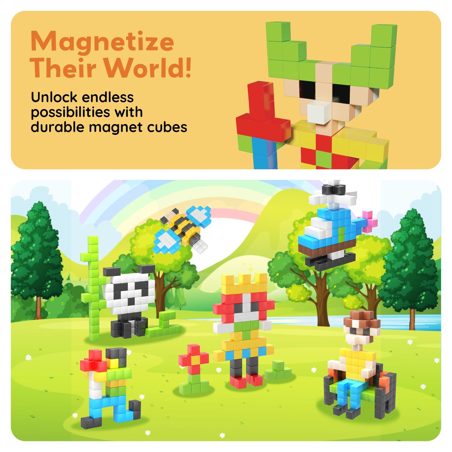 PicassoTiles 102pcs Pixel Magnetic Puzzle Cube 1” Pixel Mix & Match Toys with Ideabook STEM Education Learning Building Block Magnets Construction ToySet Stacking Creative Kit for Kids Age 3+ PMC102