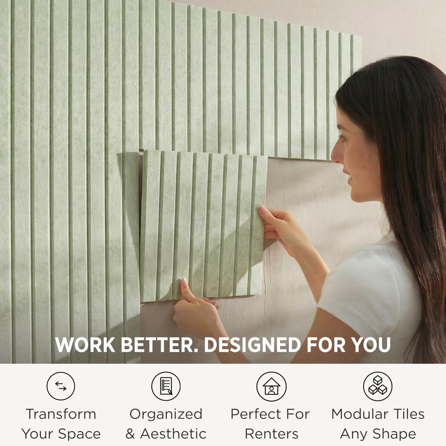 VIVELDA Felt Bulletin Board Tiles 48"x36" - 12-Pack Cork Board Alternative, OEKO-TEX Certified, NRC 0.95 Acoustic Felt Wall Panels, Damage-Free Adhesive, Slatted Design, Home Office & Classroom (Sage)