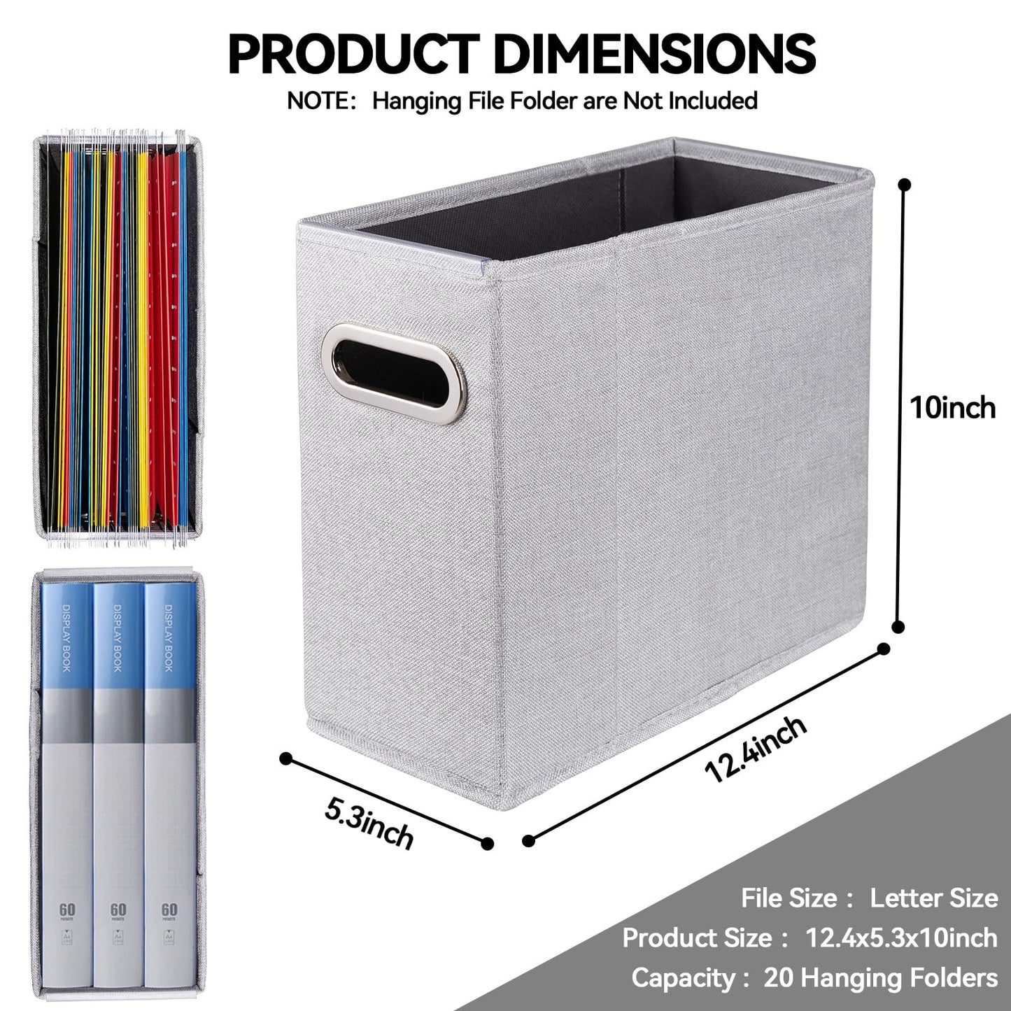 ComfortKeeper 4 Packs Letter Size File Organizer, File Folders Organizer, Fabric Storage Box, Collapsible Paper Organizer with Metal Handle, Smooth PVC Rails, Only Box (Light Gray)