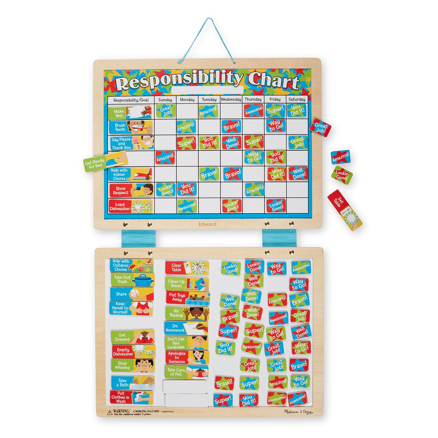 Melissa & Doug Magnetic Responsibility Chart and Kids Calendar - Wooden Chore Chart for Kids with 89 Magnets, Preschool Learning Activities for Ages 3+
