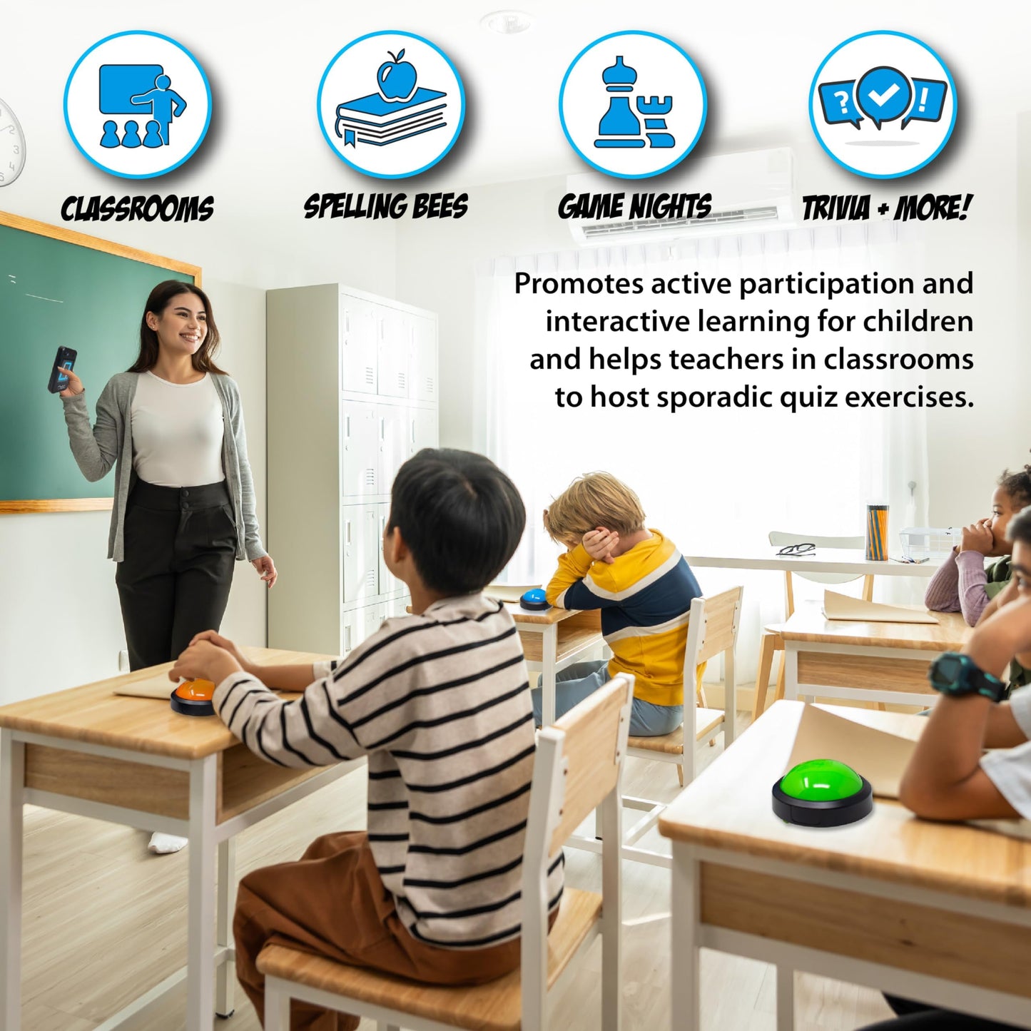 Teacher's Choice Wireless Light Up 4 Player Game Buzzer Button System | Displays the Winning Player | Loud, Unique Sounds, Great for Trivia Games, Family Feud, Jeopardy, Competition, Spelling Bees